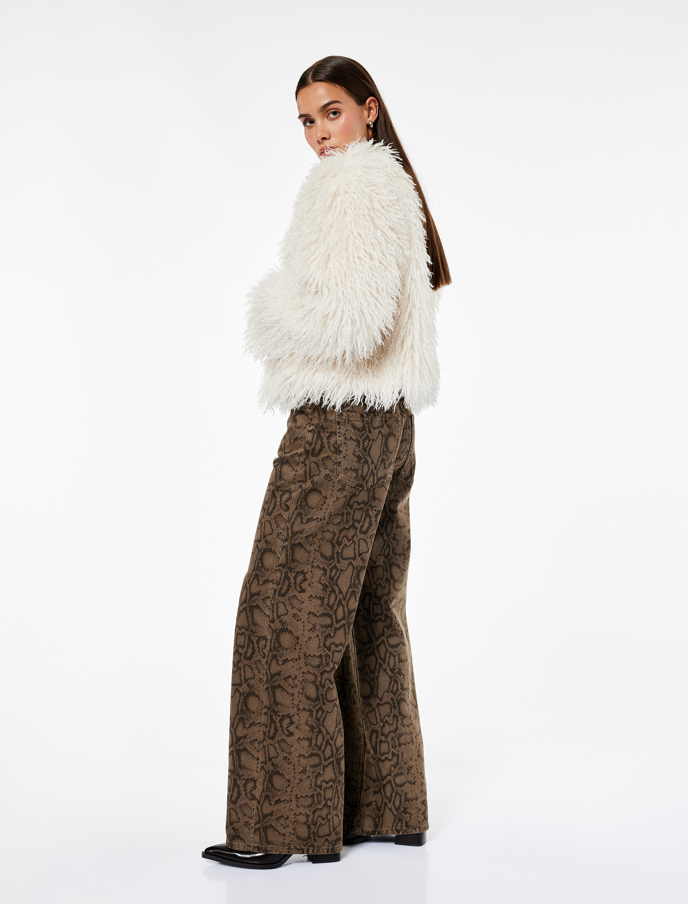   Yılan Desenli Düğmeli Normal Bel Geniş Paça Pantolon - Wide Leg Jeans