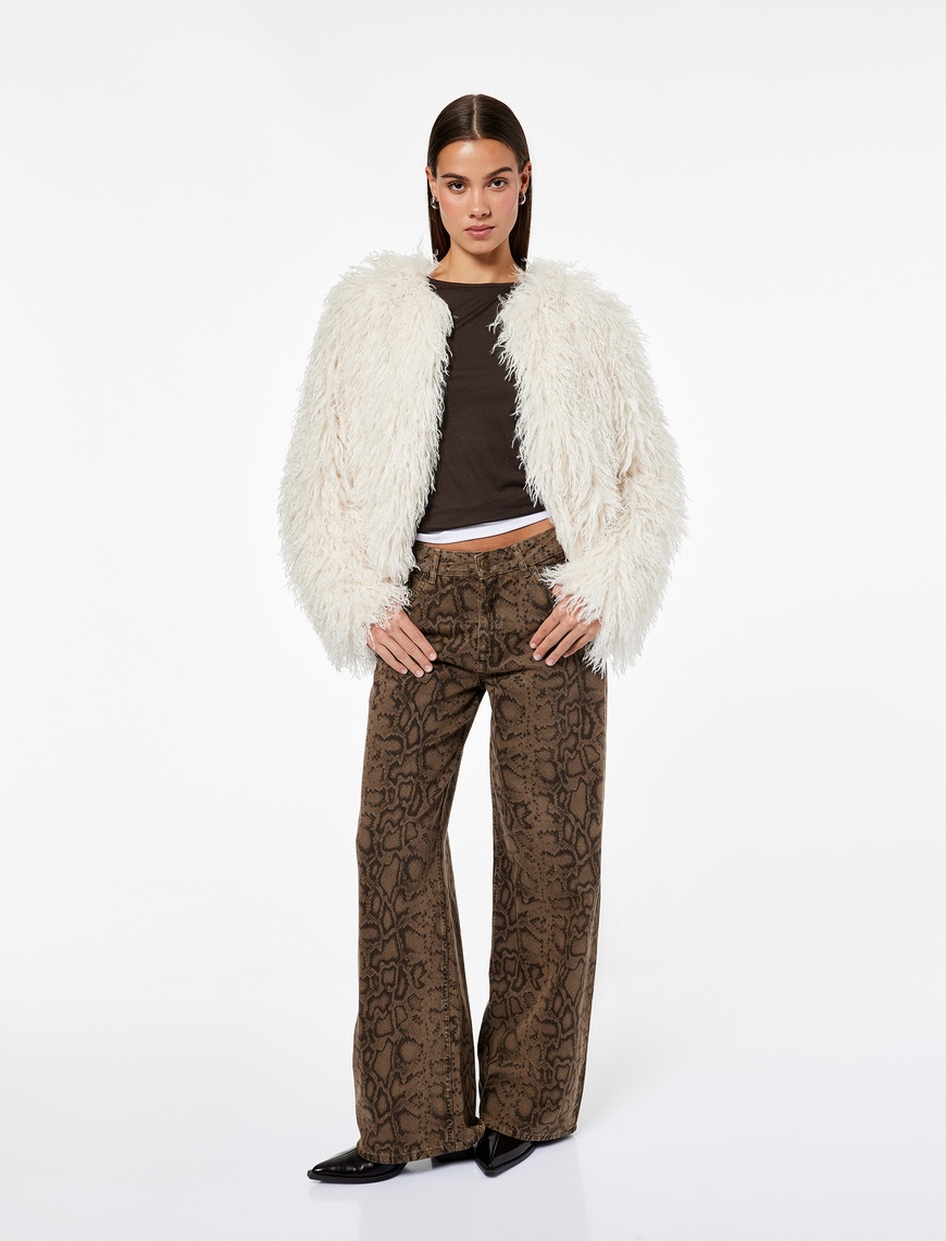   Yılan Desenli Düğmeli Normal Bel Geniş Paça Pantolon - Wide Leg Jeans