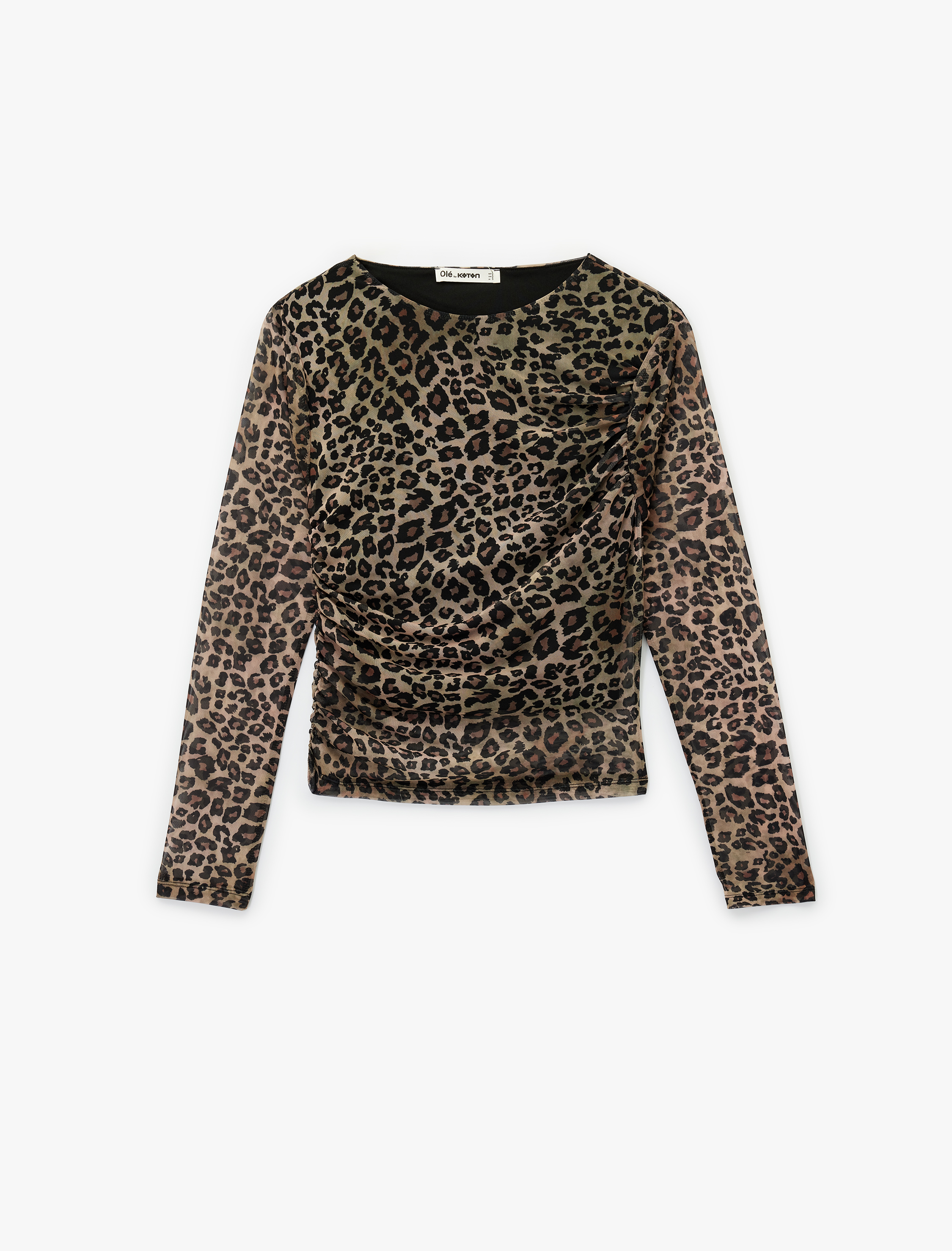   Drape Detaylı Bisiklet Yaka Slim Fit Leopar Desenli Uzun Kollu Tişört