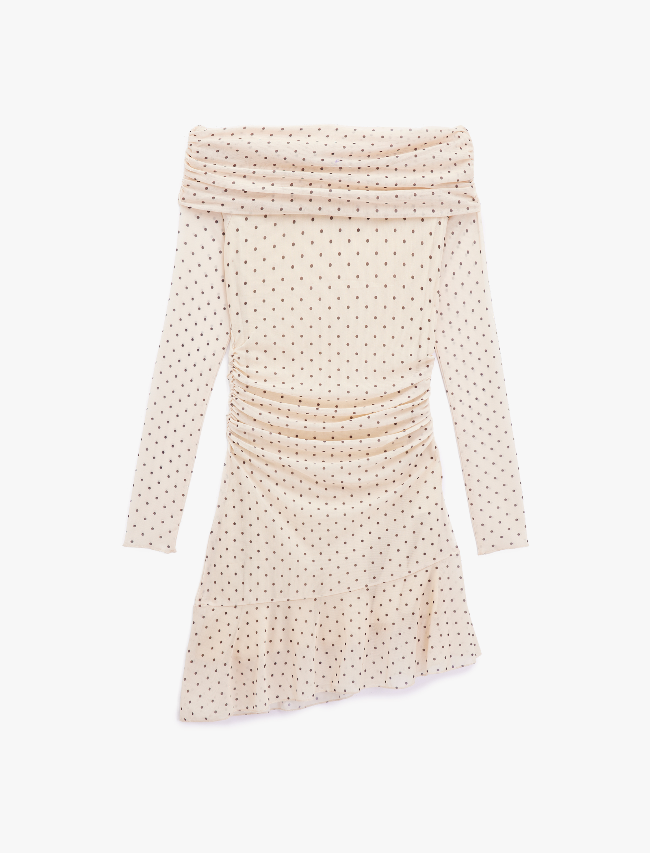   Uzun Kollu Kayık Yaka Slim Fit Asimetrik Kesim Drapeli Puantiyeli Mini Elbise