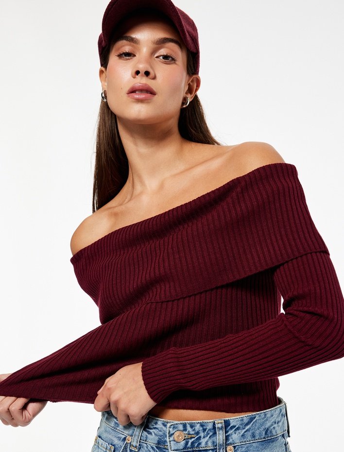  Uzun Kollu Omzu Açık Slim Fit Triko Kazak