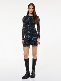 Slim Fit Asimetrik Kesim Uzun Kollu Bisiklet Yaka Çiçekli Elbise