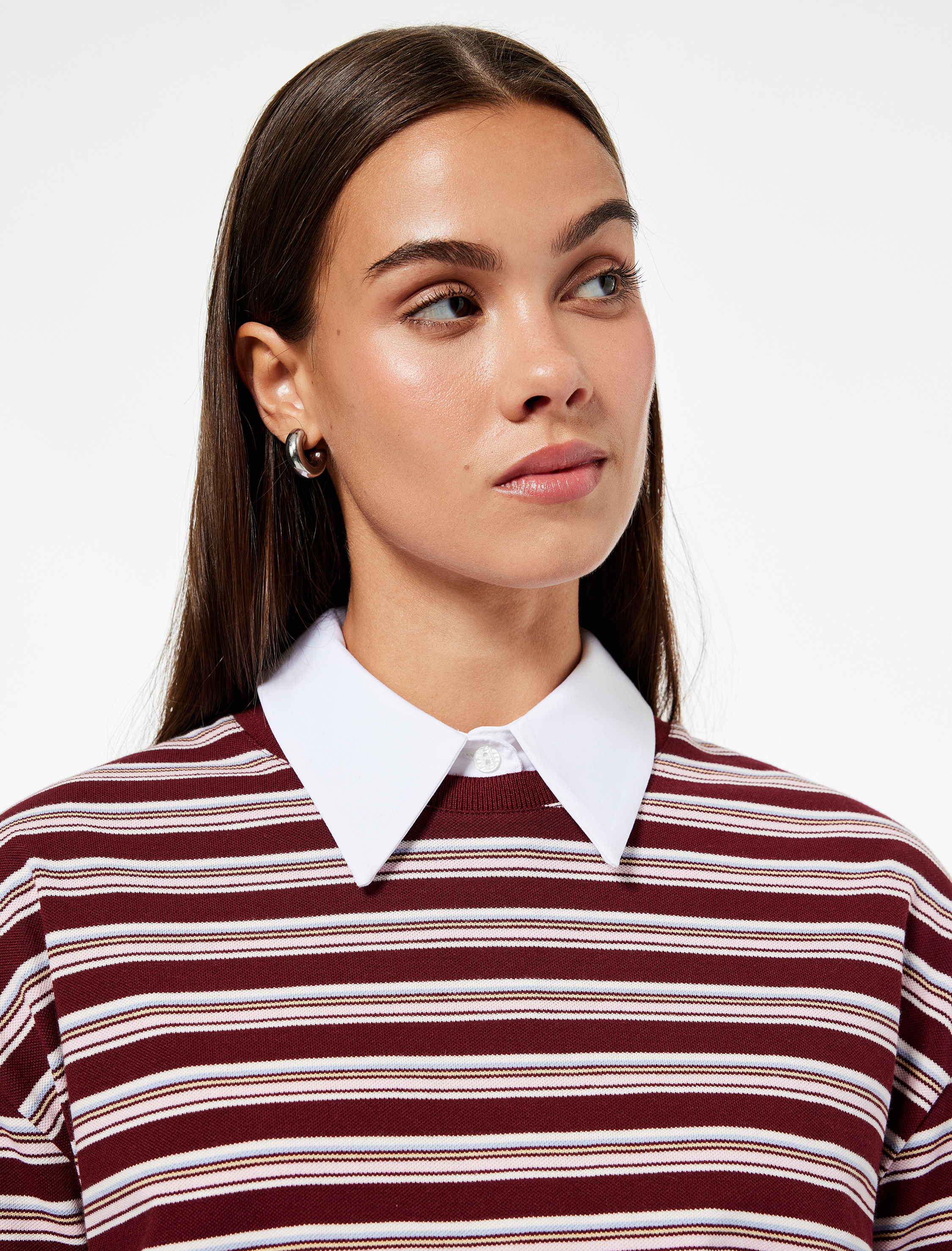   Rahat Kalıp Uzun Kollu Bisiklet Yaka Pamuklu Çizgili Tişört