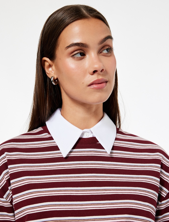  Rahat Kalıp Uzun Kollu Bisiklet Yaka Pamuklu Çizgili Tişört