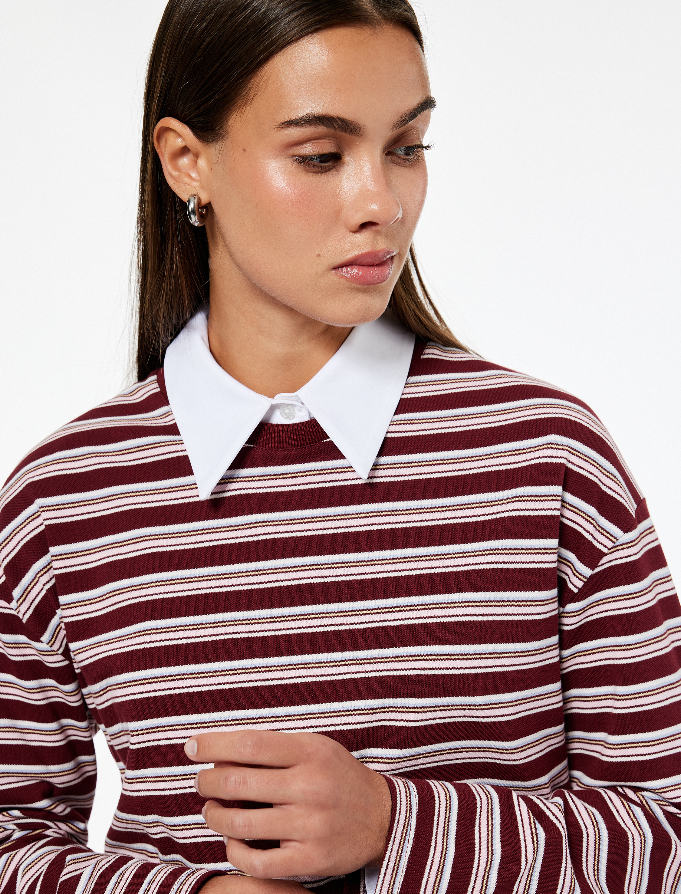   Rahat Kalıp Uzun Kollu Bisiklet Yaka Pamuklu Çizgili Tişört