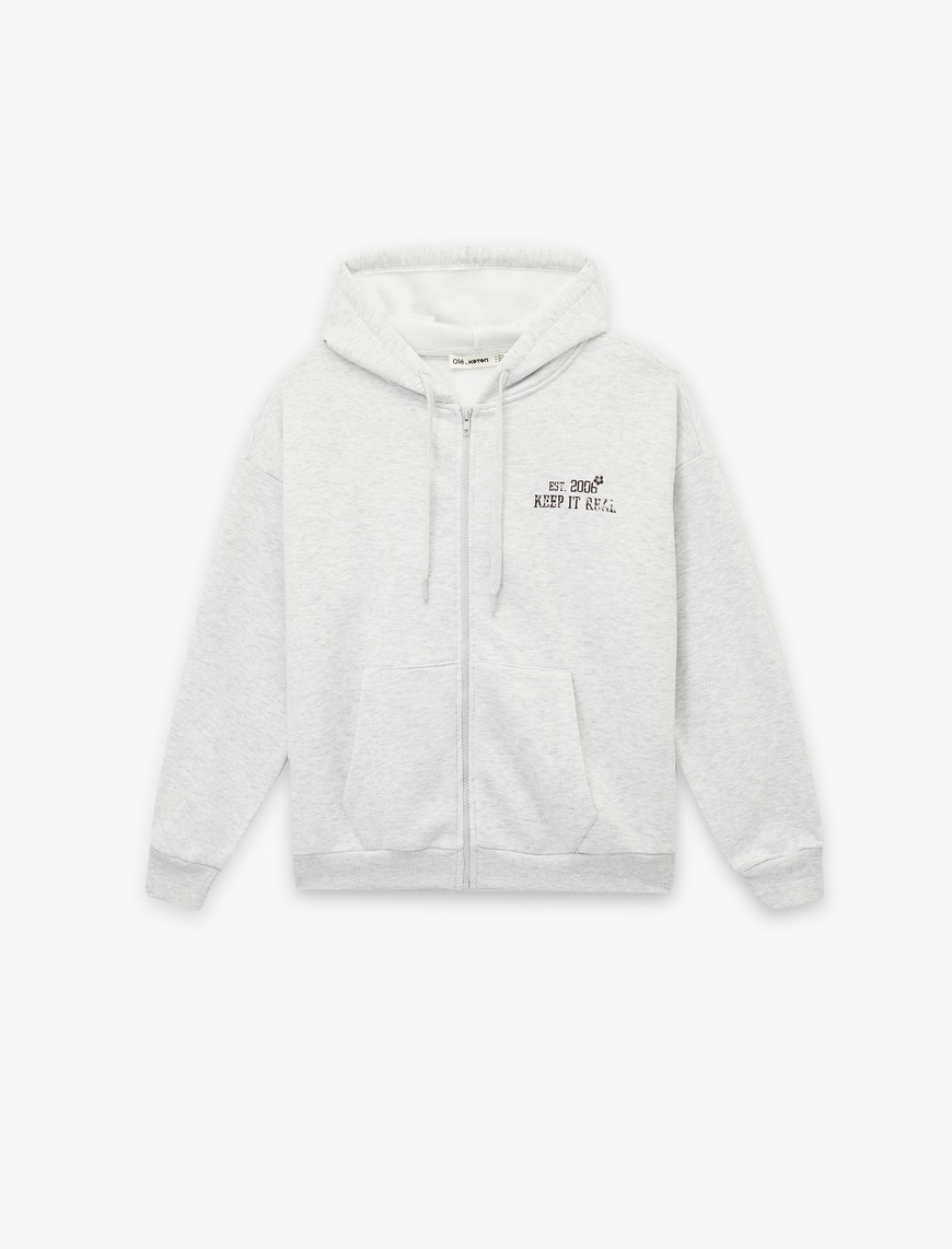   Fermuarlı Kapüşonlu Kanguru Cepli Arkası Baskılı Şardonlu Oversize Sweatshirt