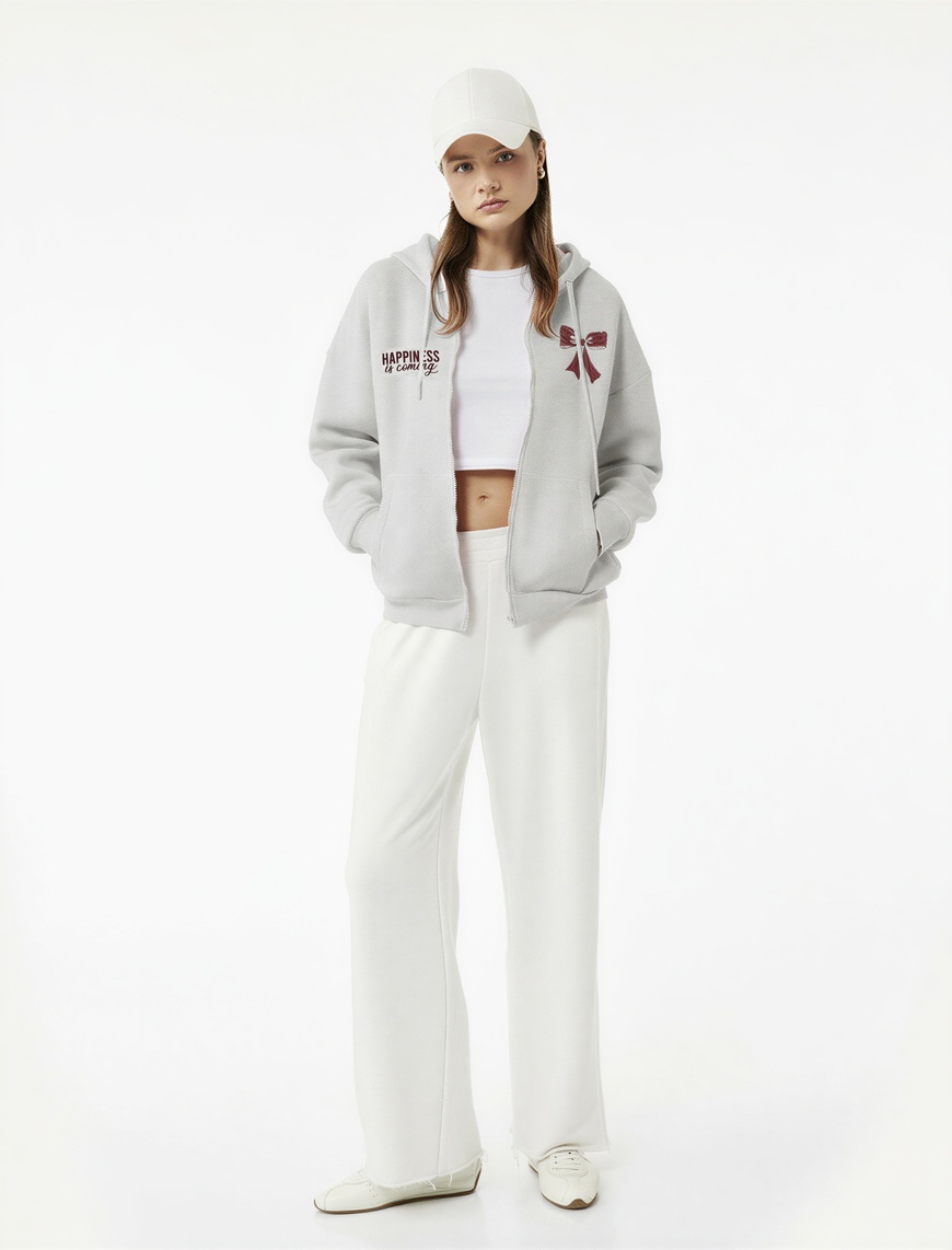   Fermuarlı Kapüşonlu Kanguru Cep Detaylı Arkası Fiyonk Baskılı Şardonlu Oversize Sweatshirt