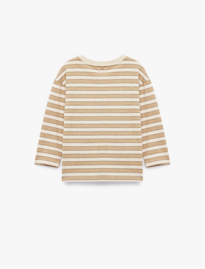 Erkek Bebek Pamuklu Uzun Kollu Bisiklet Yaka Nakış Detaylı Çizgili Tişört