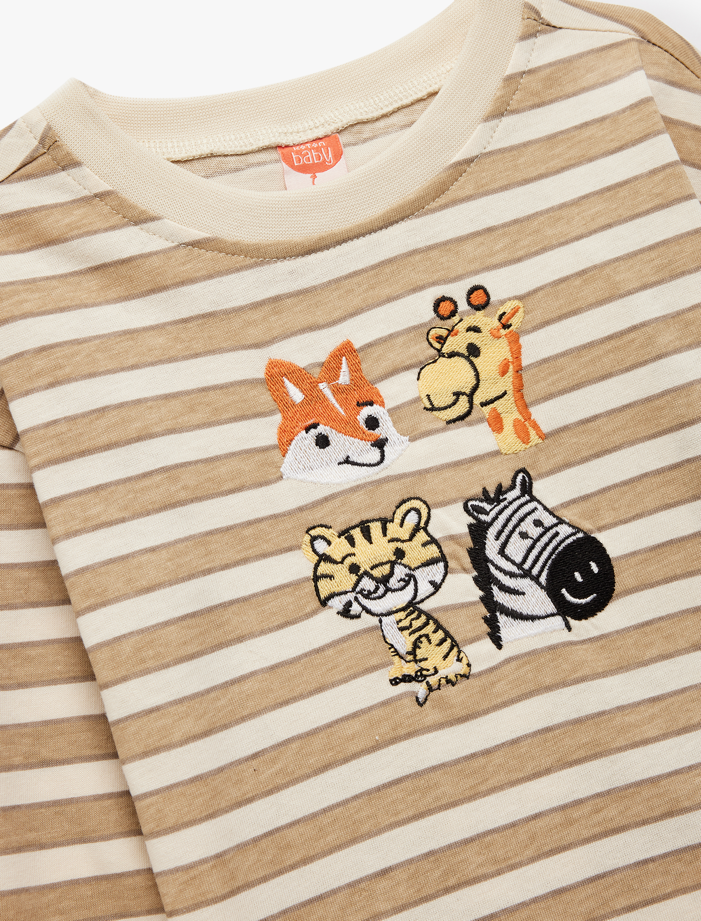  Erkek Bebek Pamuklu Uzun Kollu Bisiklet Yaka Nakış Detaylı Çizgili Tişört