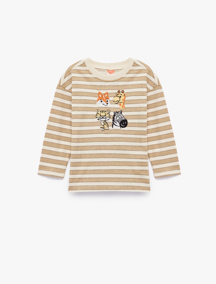 Erkek Bebek Pamuklu Uzun Kollu Bisiklet Yaka Nakış Detaylı Çizgili Tişört