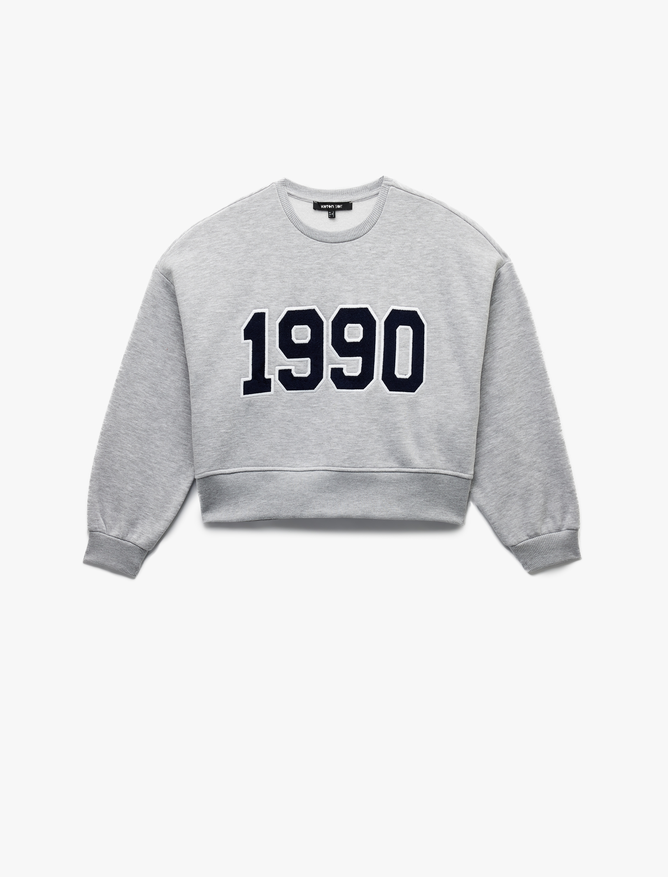   Üç İplik Şardonlu Uzun Kollu Bisiklet Yaka Nakışlı Crop Sweatshirt