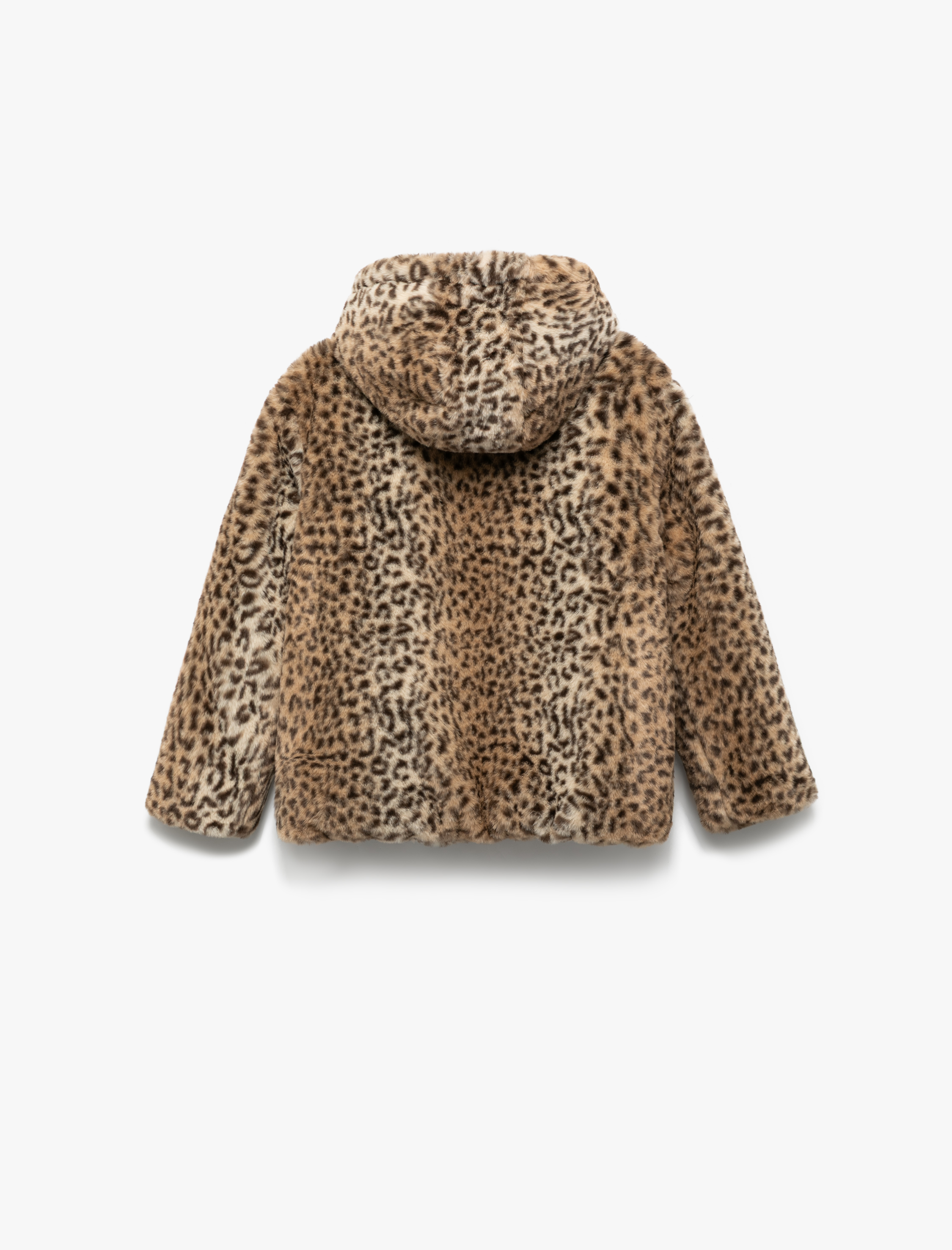  Kız Çocuk Kapşonlu Uzun Kollu Leopar Desenli Peluş Ceket