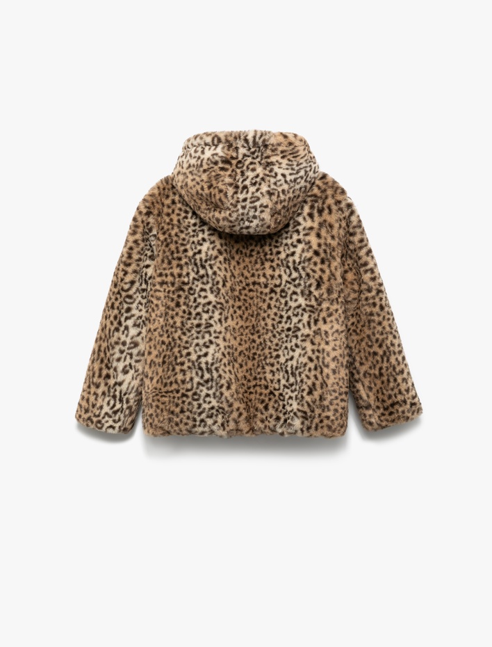 Kız Çocuk Kapşonlu Uzun Kollu Leopar Desenli Peluş Ceket