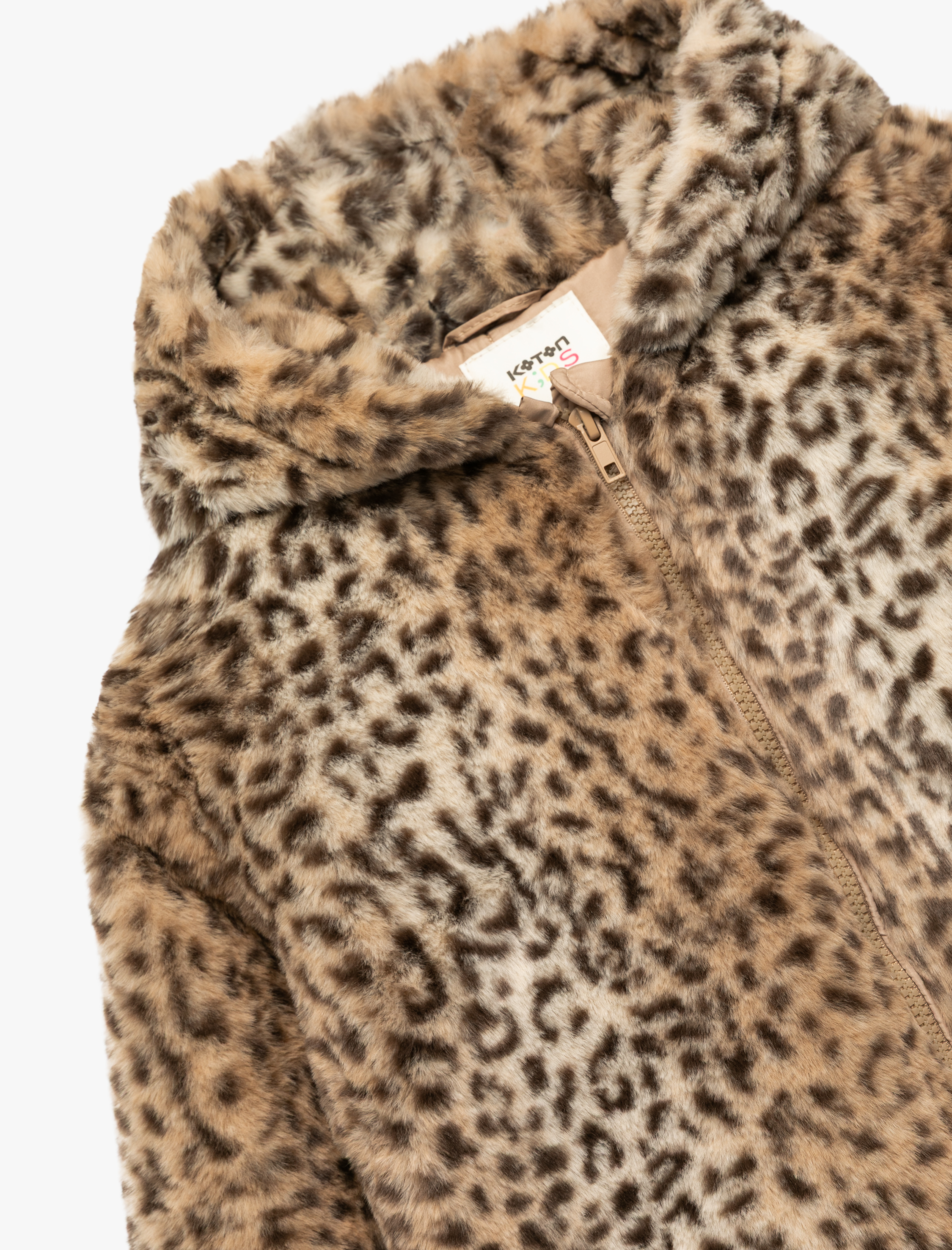  Kız Çocuk Kapşonlu Uzun Kollu Leopar Desenli Peluş Ceket