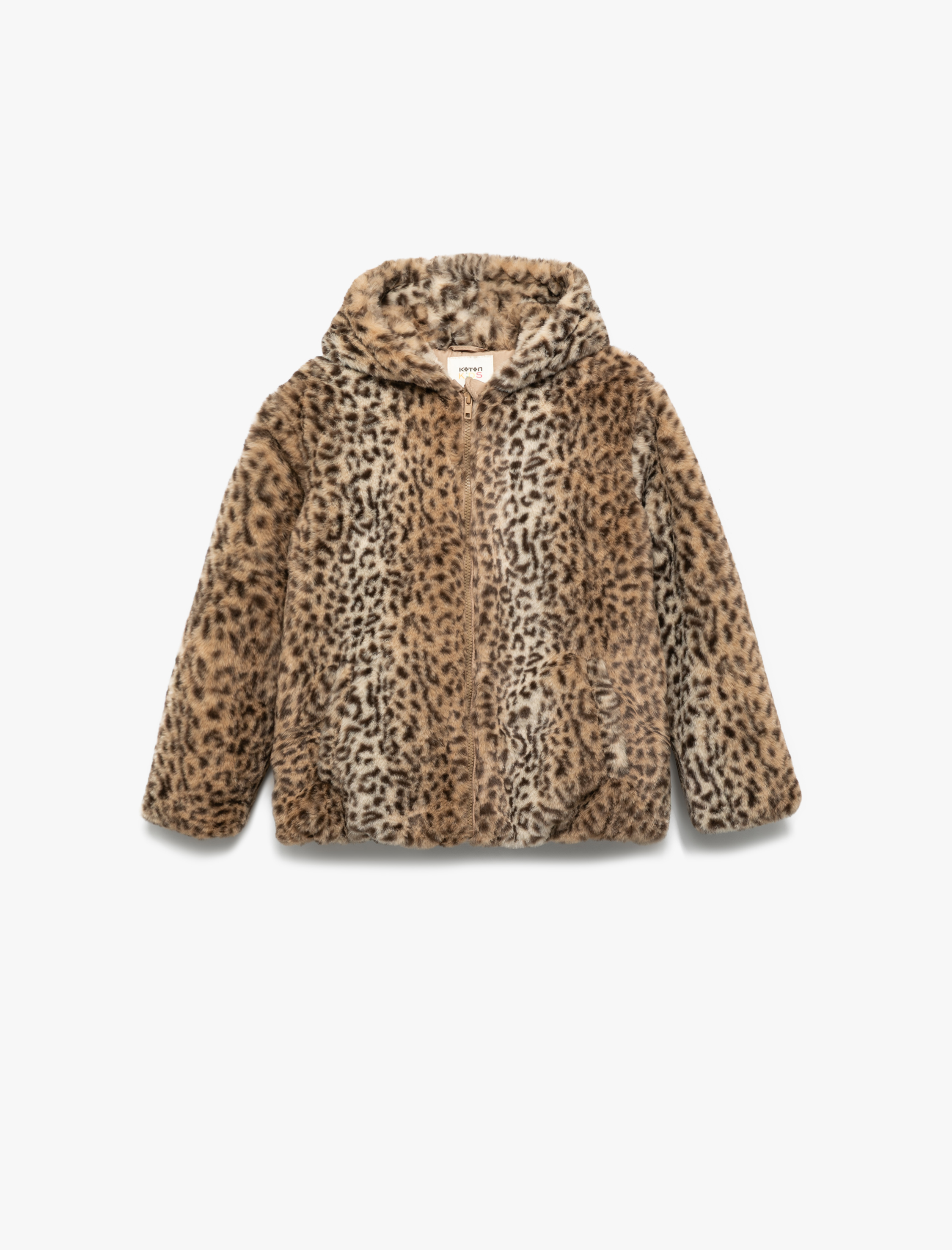  Kız Çocuk Kapşonlu Uzun Kollu Leopar Desenli Peluş Ceket