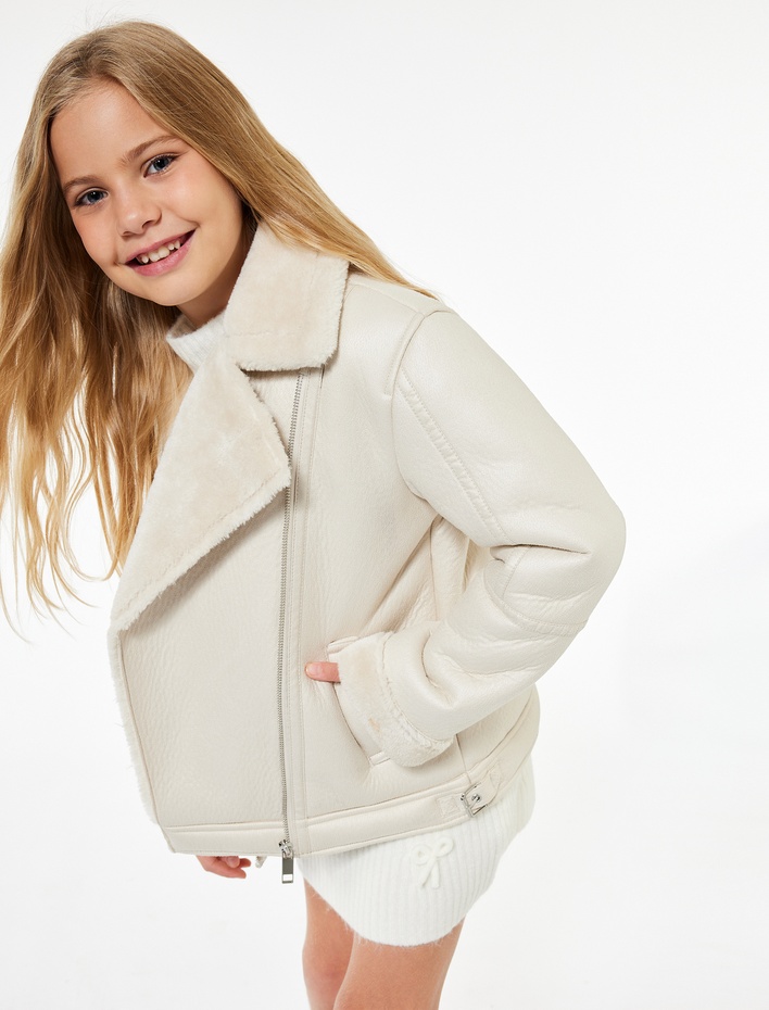 Kız Çocuk Kruvaze Yaka Uzun Kollu Suni Deri Ceket