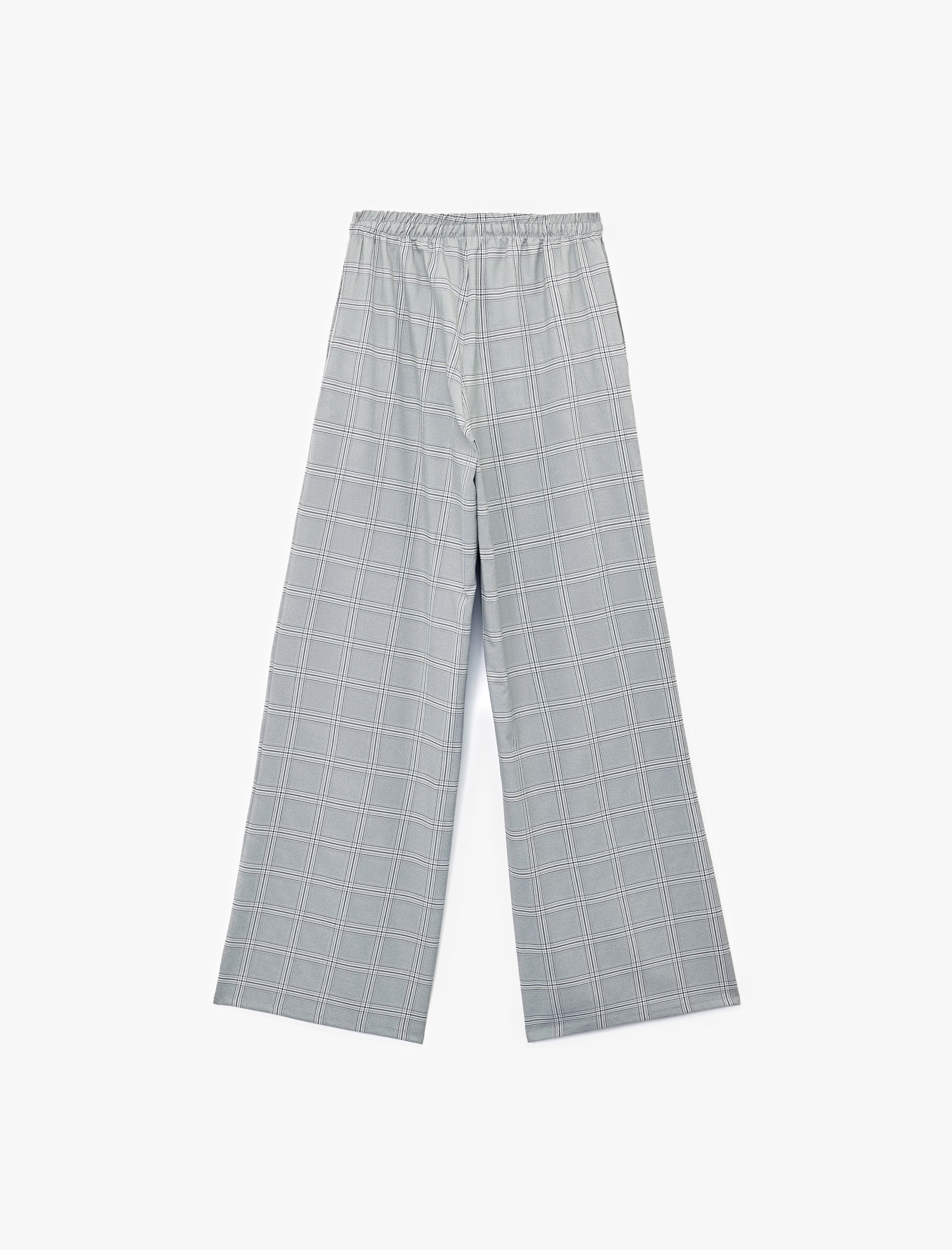   Beli Bağcıklı Kareli Geniş Paça Kumaş Pantolon