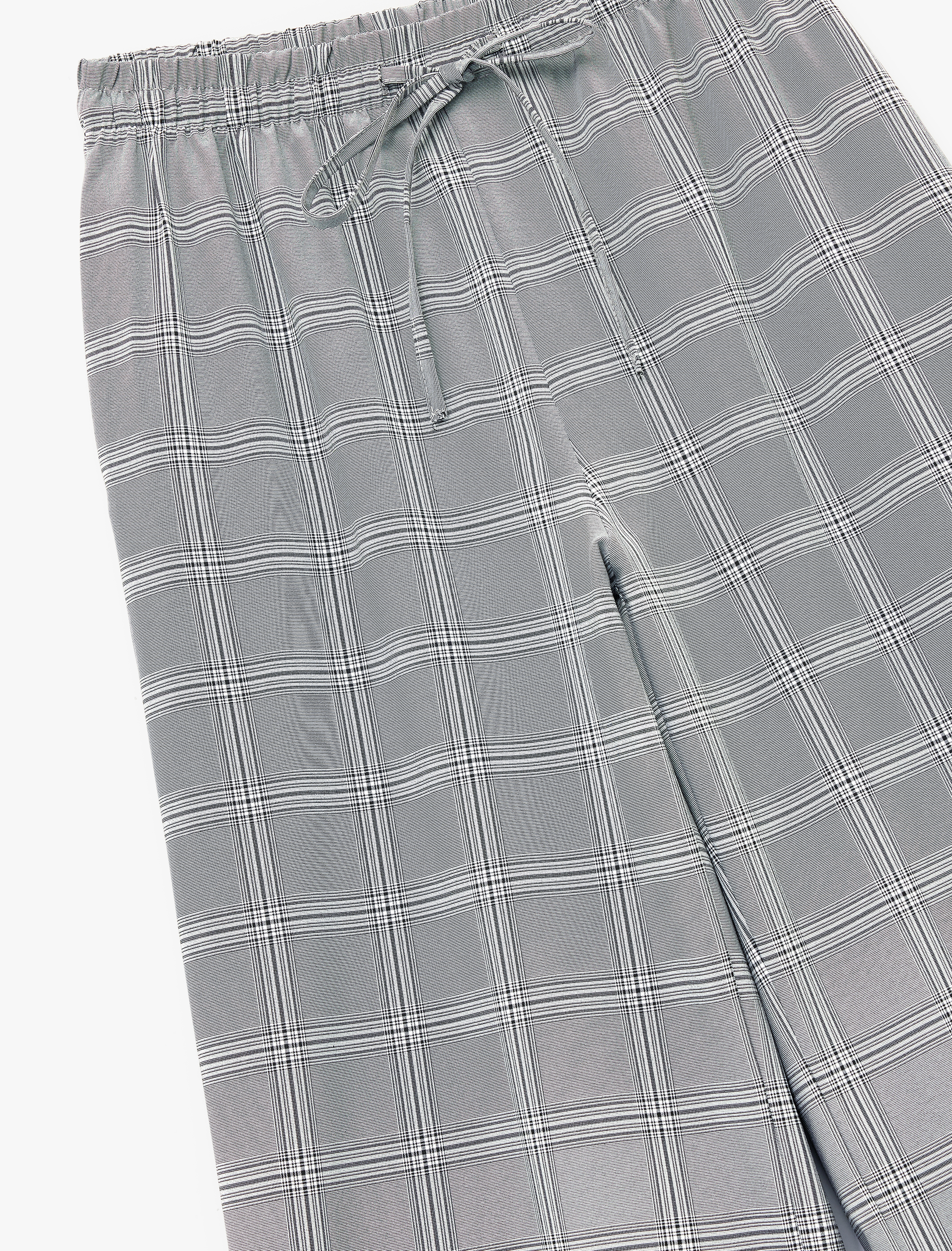  Beli Bağcıklı Kareli Geniş Paça Kumaş Pantolon