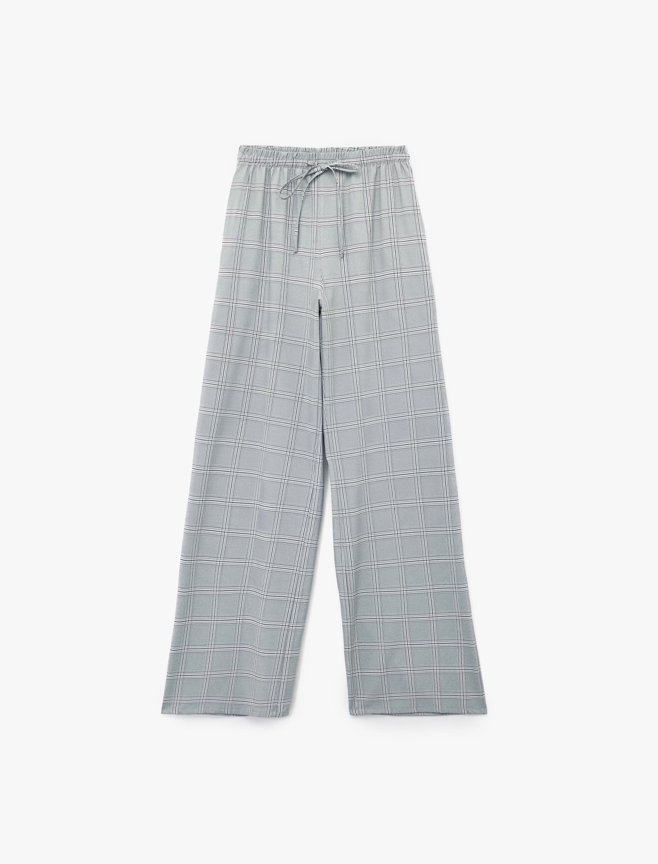   Beli Bağcıklı Kareli Geniş Paça Kumaş Pantolon