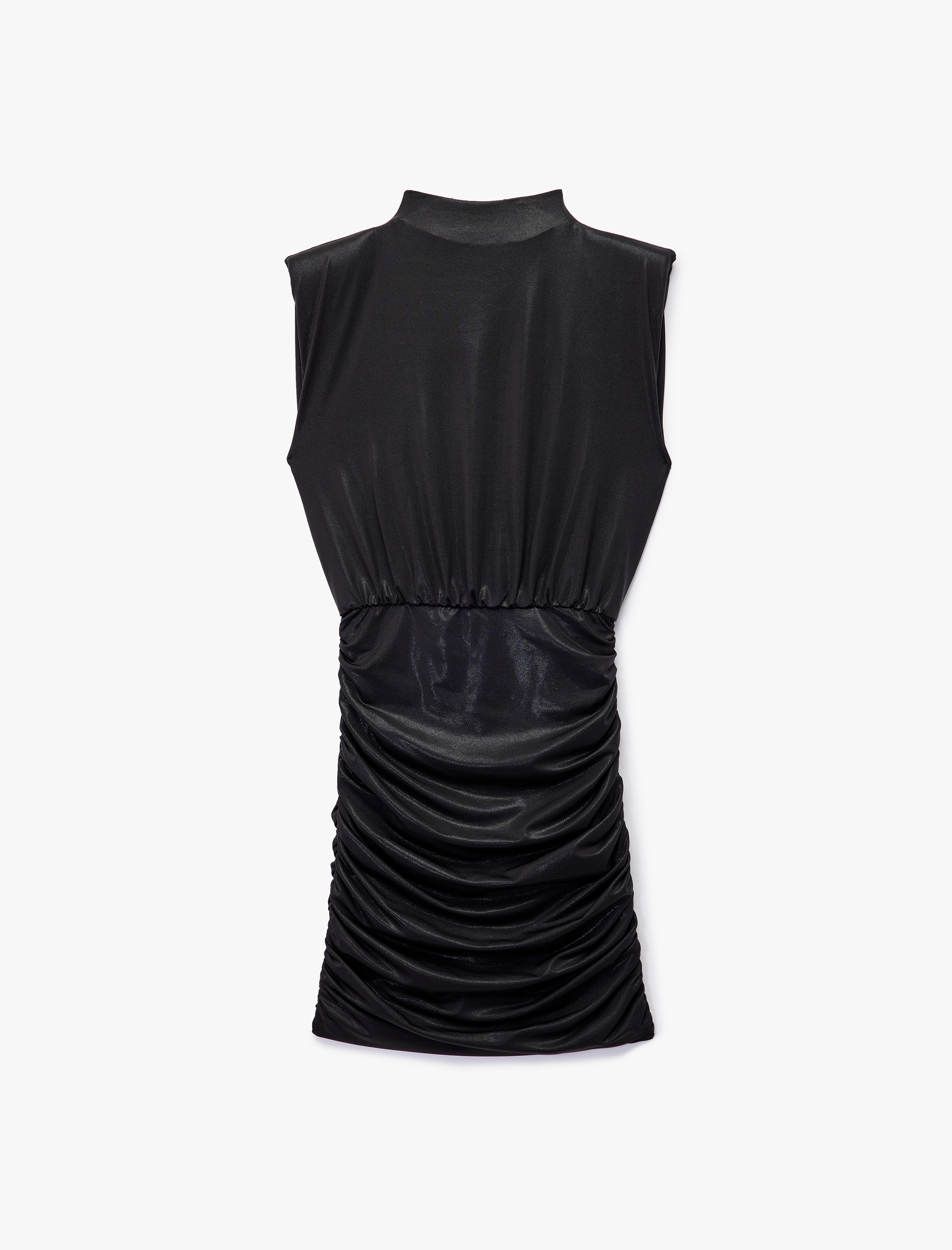   Simli Dik Yaka Kolsuz Drape Detaylı Bodycon Mini Abiye Elbise