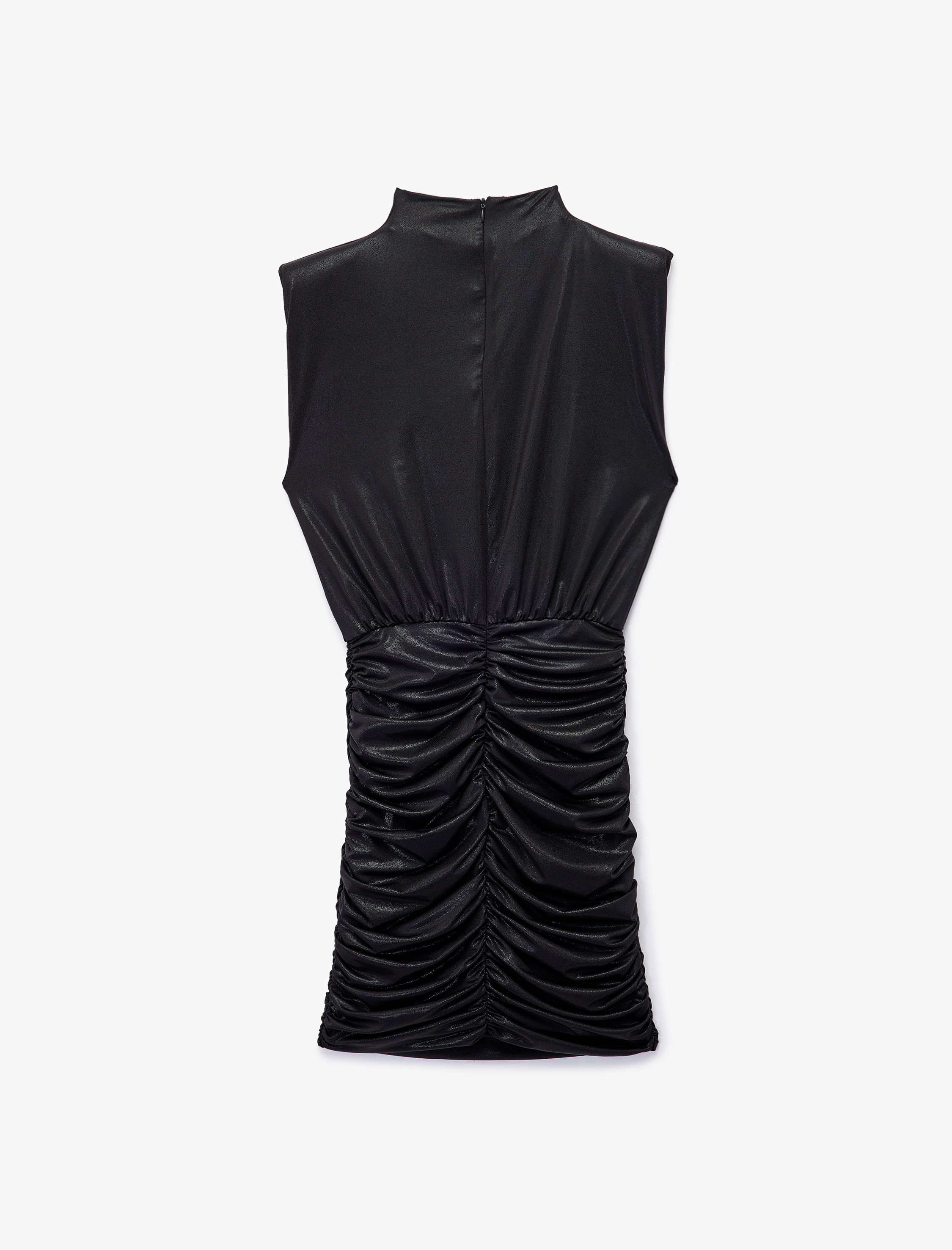   Simli Dik Yaka Kolsuz Drape Detaylı Bodycon Mini Abiye Elbise