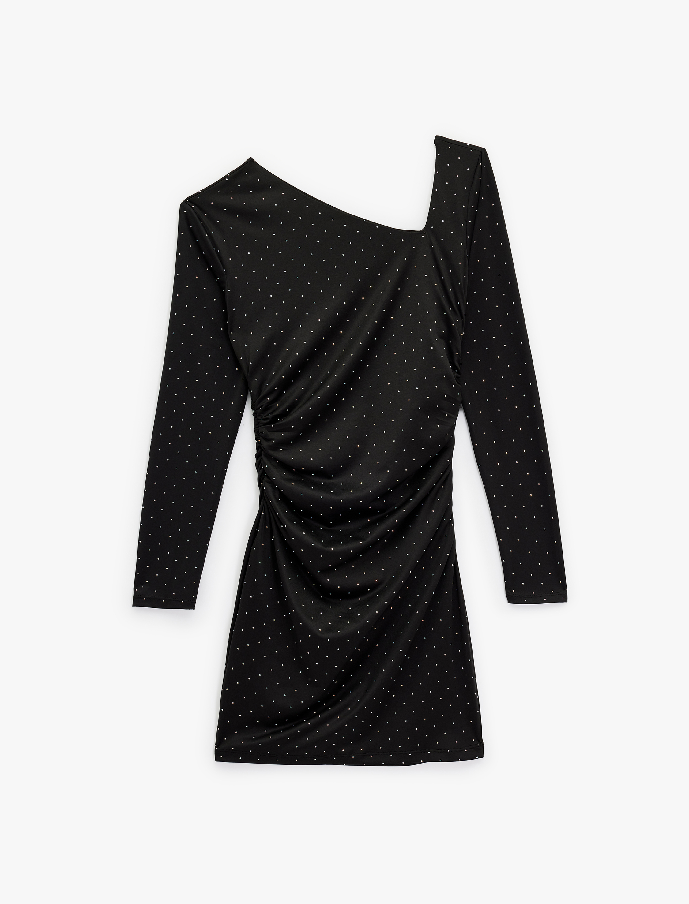   Uzun Kollu Asimetrik Yaka Slim Fit Bodycon Taşlı Mini Abiye Elbise