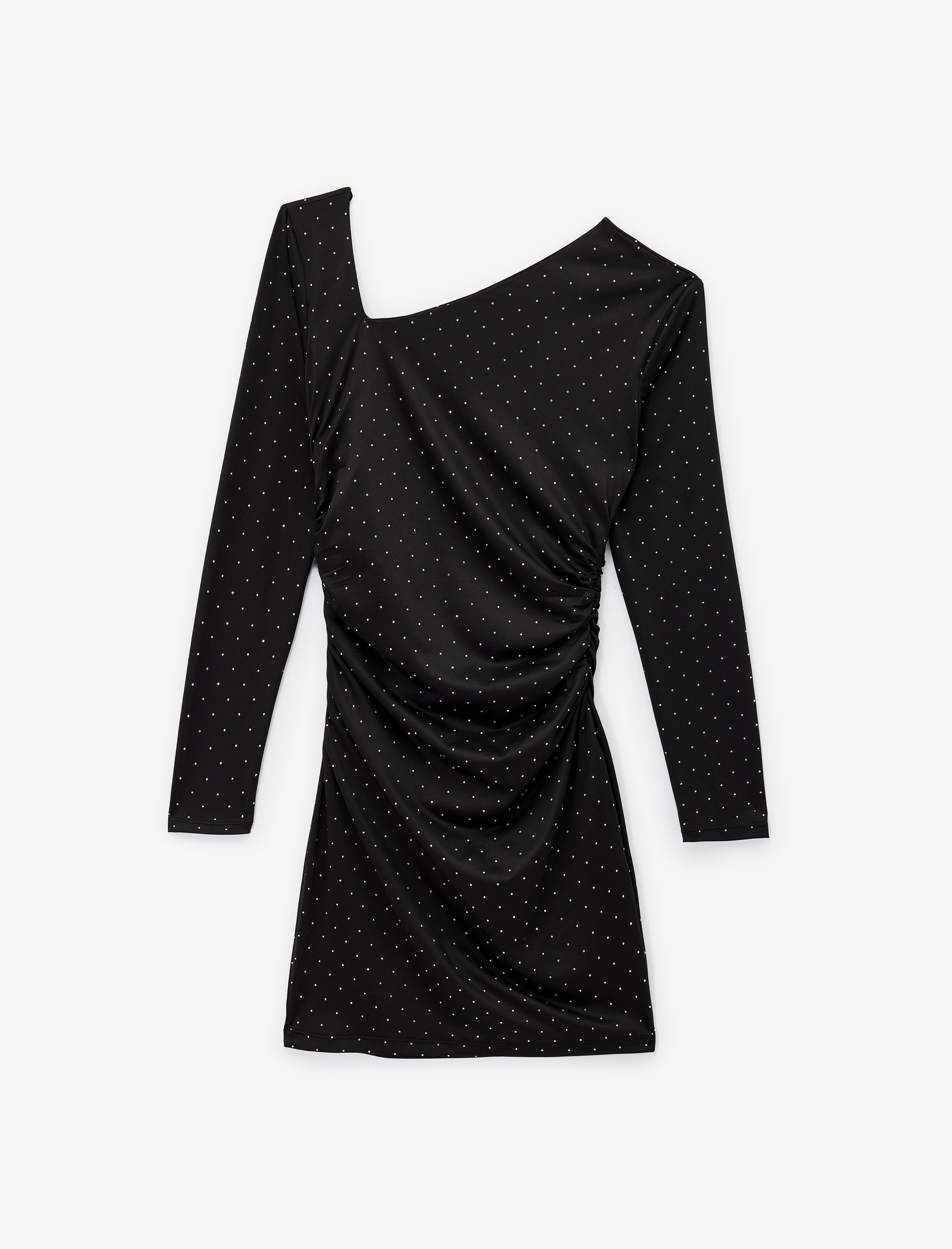   Uzun Kollu Asimetrik Yaka Slim Fit Bodycon Taşlı Mini Abiye Elbise