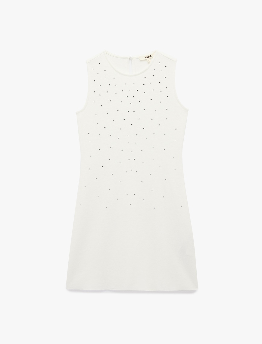   Slim Fit Kolsuz Bisiklet Yaka Taşlı Mini Elbise