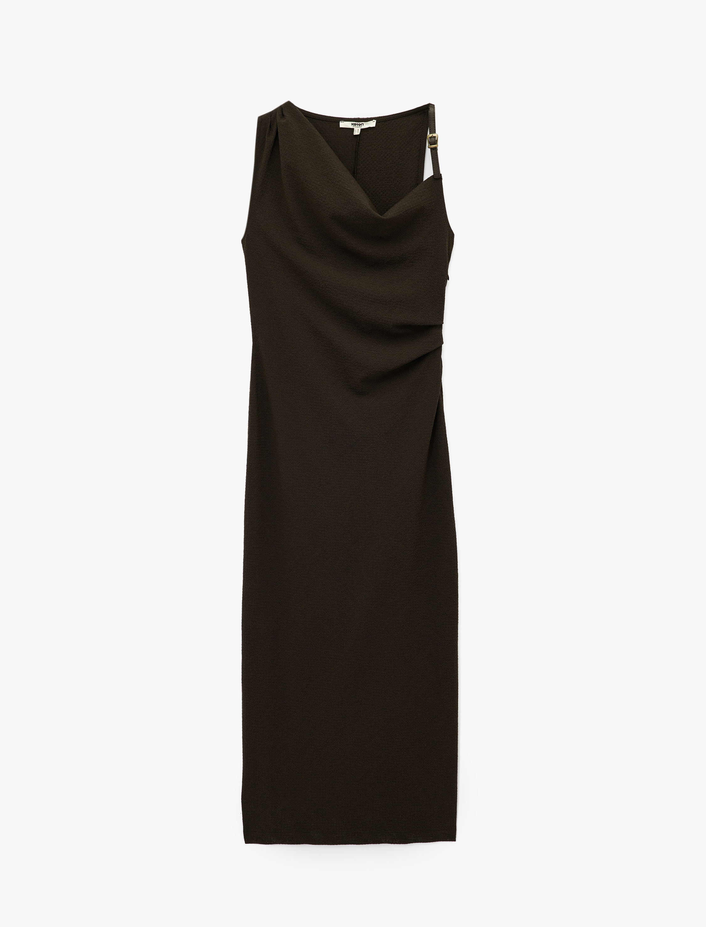 Drapeli Degaje Yaka Kemer Detaylı Viskon Karışımlı Kolsuz Uzun Elbise