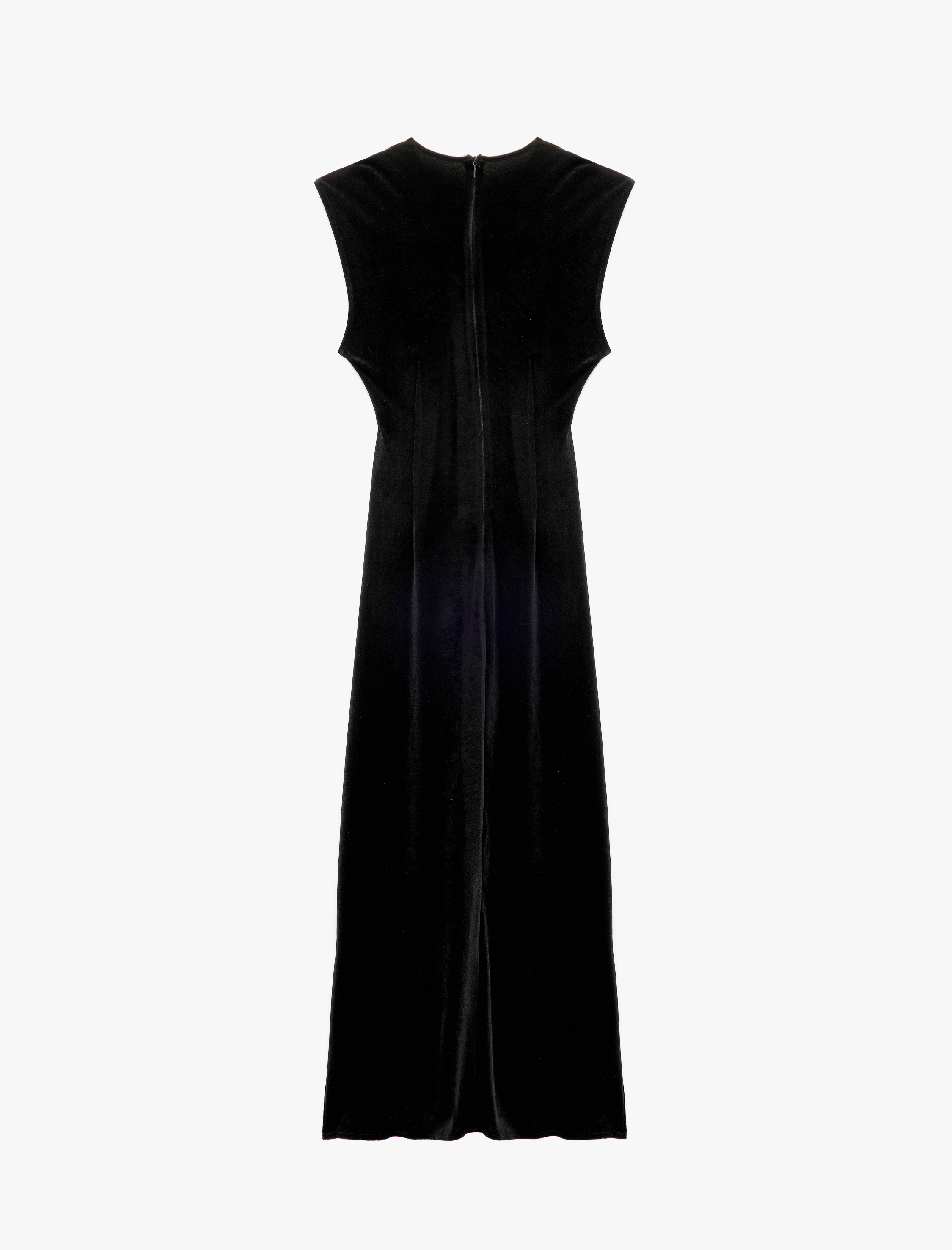   Metal Aksesuarlı Drapeli Kolsuz Bisiklet Yaka Uzun Kadife Abiye Elbise