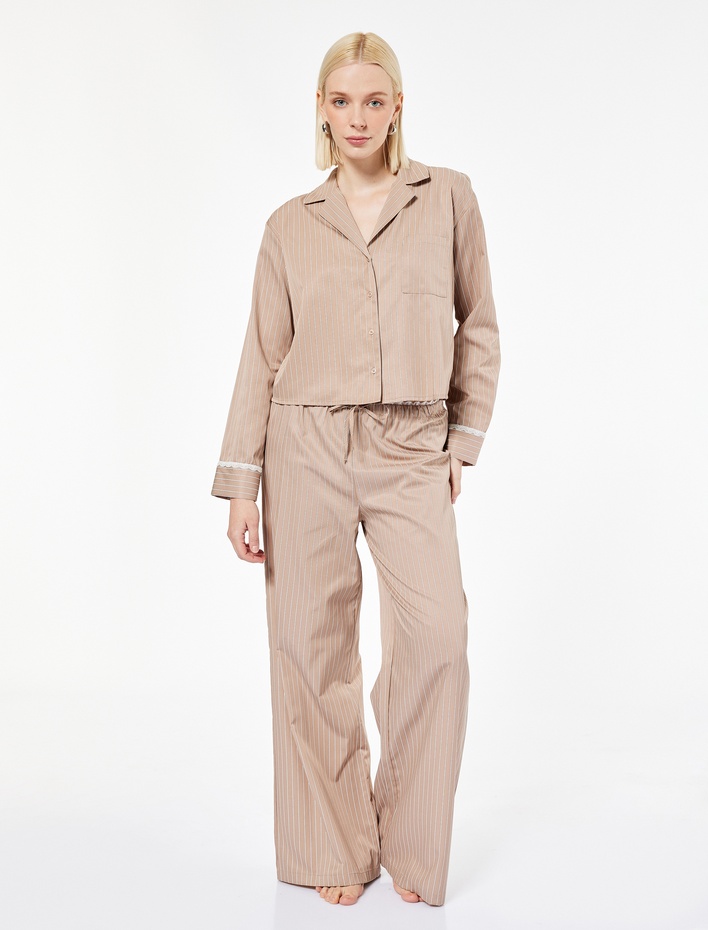  Rahat Kalıp Uzun Kollu Gömlek Yaka Pijama Üstü