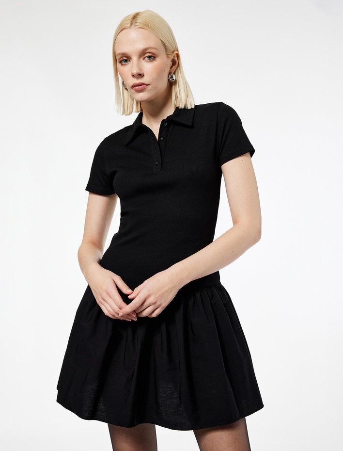  Pamuklu Düğmeli Kısa Kollu Mini Polo Yaka Elbise