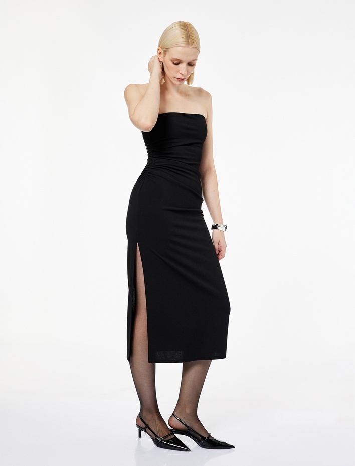  Krep Scuba Kumaş Slim Fit Drape Detaylı Straplez Kalem Elbise