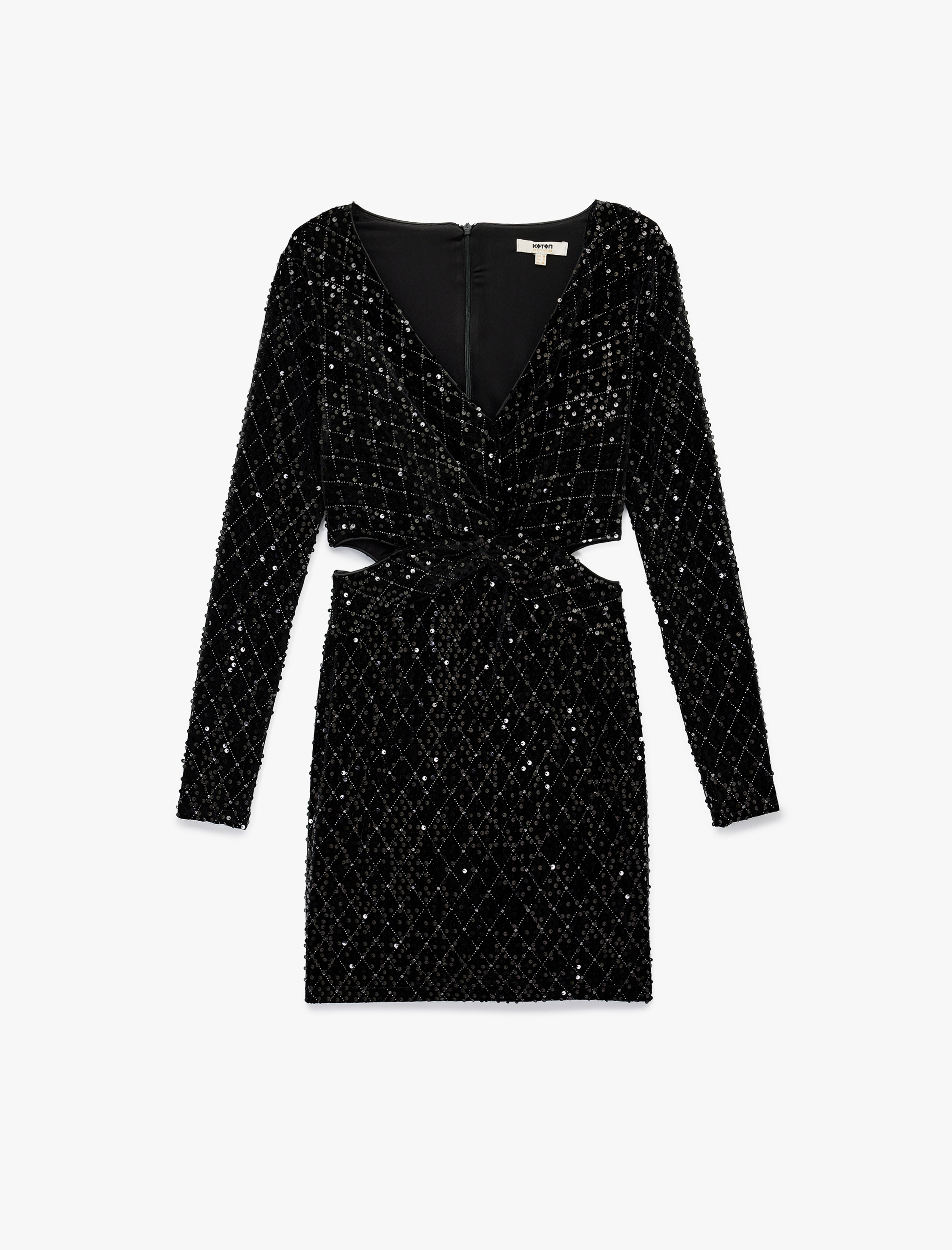   Payetli Pencere Detaylı Uzun Kollu V Yaka Mini Bodycon Abiye Elbise