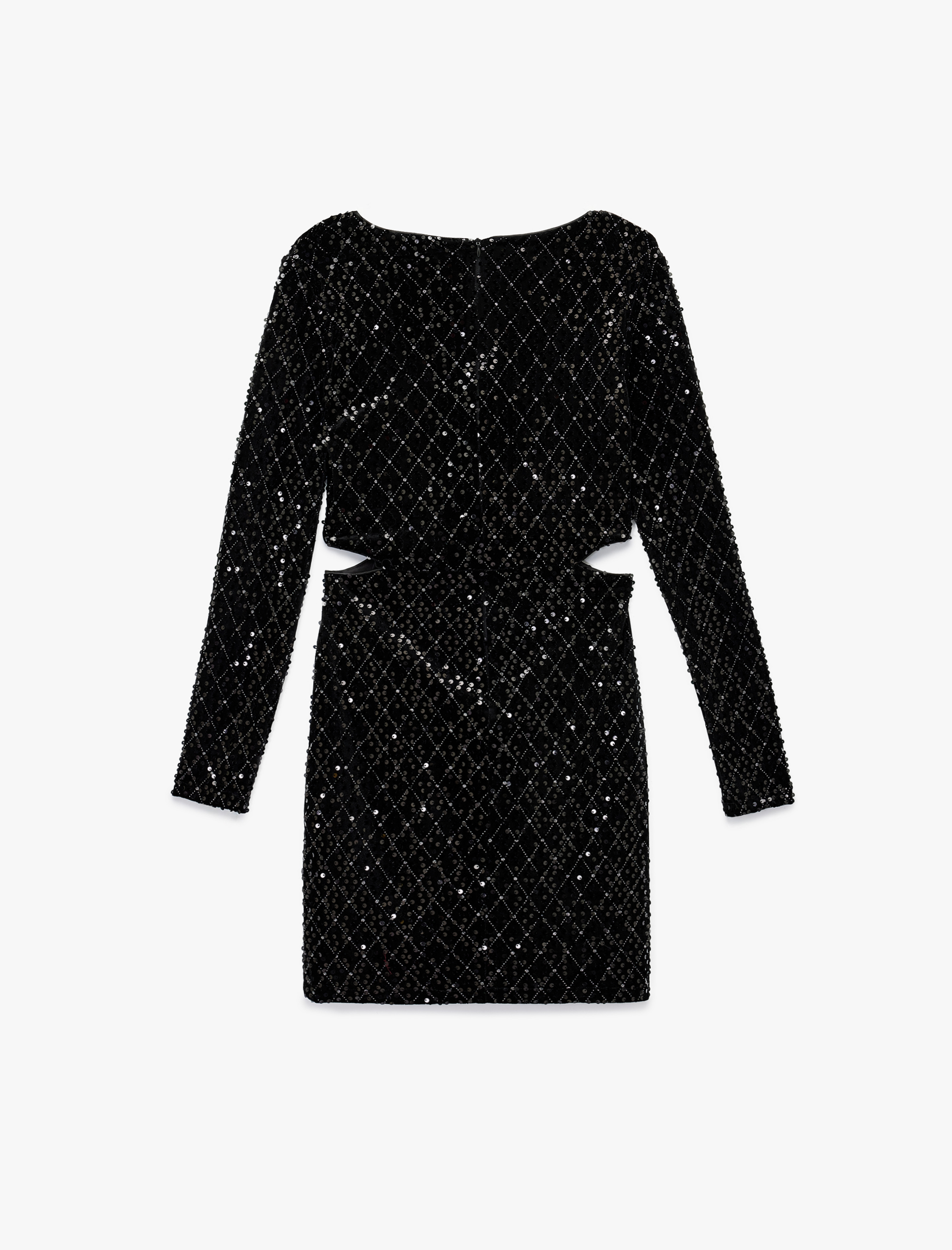   Payetli Pencere Detaylı Uzun Kollu V Yaka Mini Bodycon Abiye Elbise