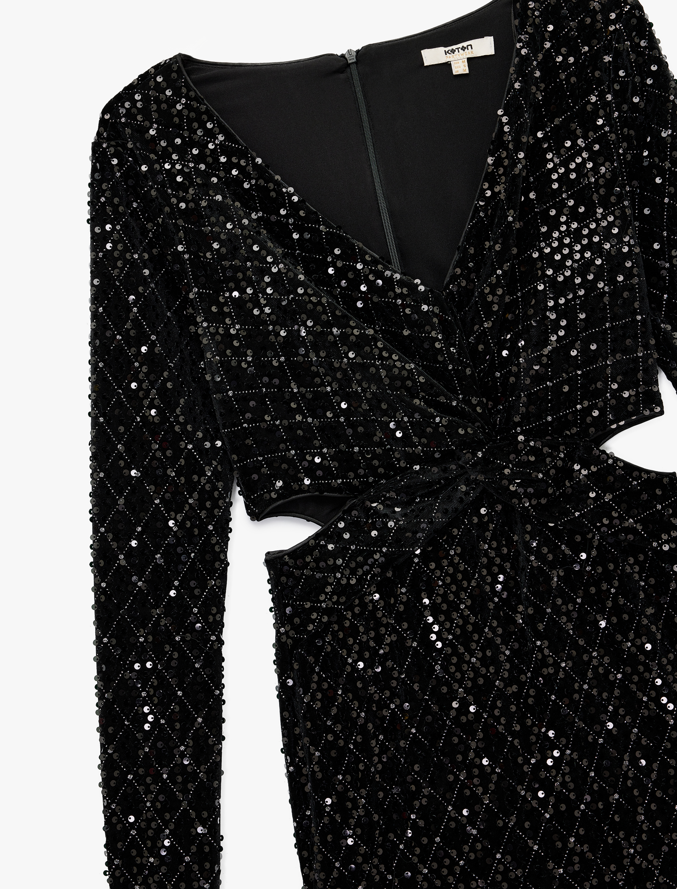   Payetli Pencere Detaylı Uzun Kollu V Yaka Mini Bodycon Abiye Elbise