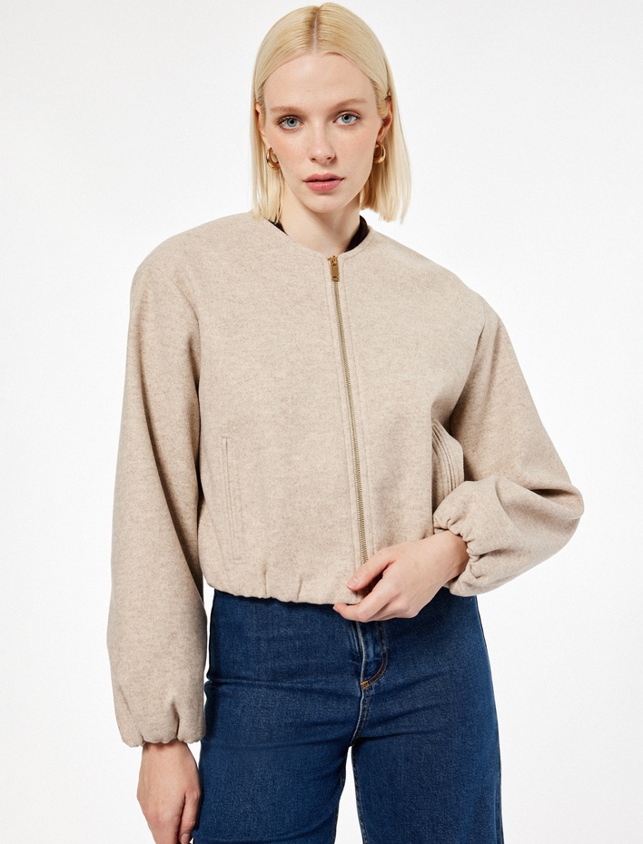  Fermuarlı Bisiklet Yaka Uzun Kollu Crop Kaşe Kolej Bomber Ceket