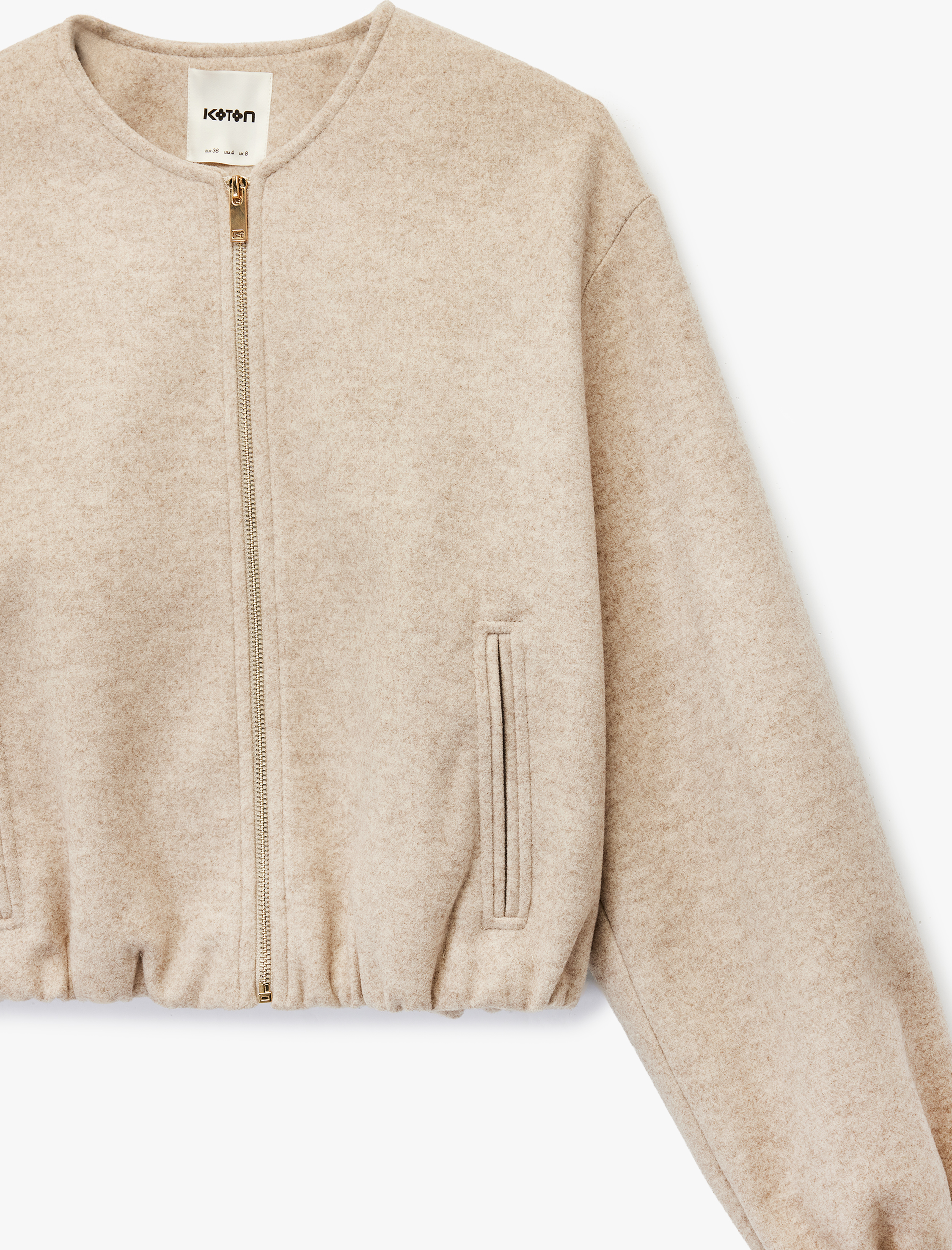   Kaşe Bomber Ceket Crop Bisiklet Yaka Fermuarlı Cepli Uzun Kollu