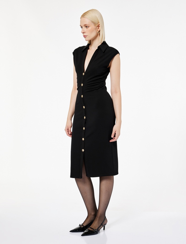  Drapeli V Yaka Midi Boy Düğmeli Kolsuz Gömlek Elbise