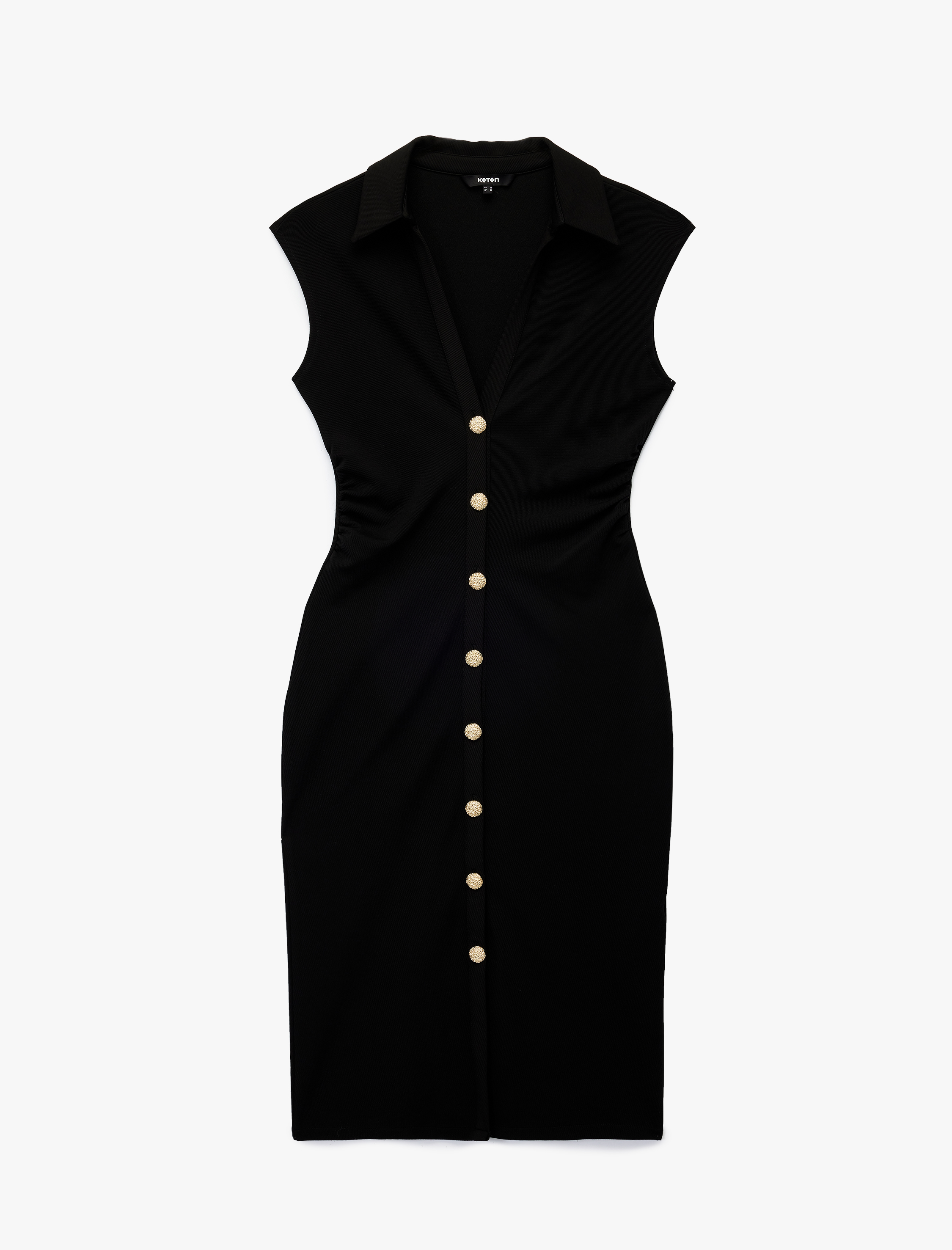   Drapeli V Yaka Midi Boy Düğmeli Kolsuz Gömlek Elbise