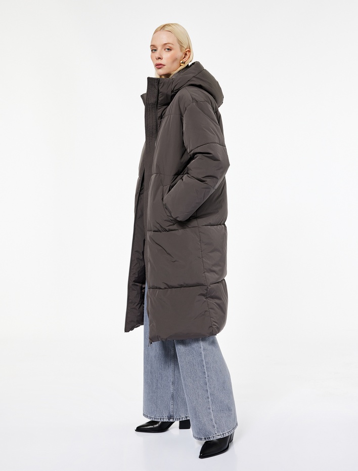  Uzun Kollu Cepli Kapüşonlu Anorak Su İtici Uzun Oversize Şişme Mont