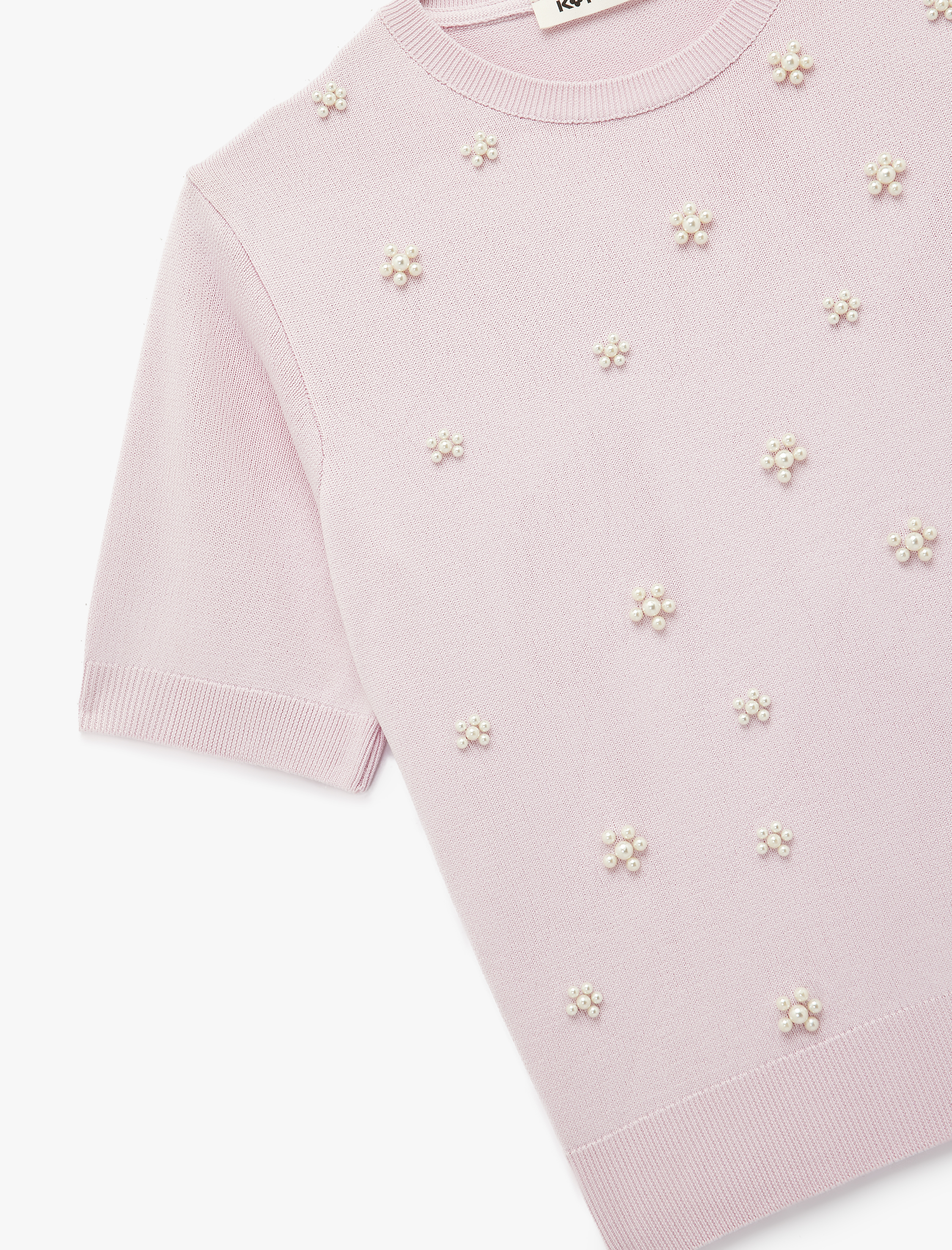   İnci Detaylı Çiçekli Kısa Kollu Bisiklet Yaka Triko Kazak