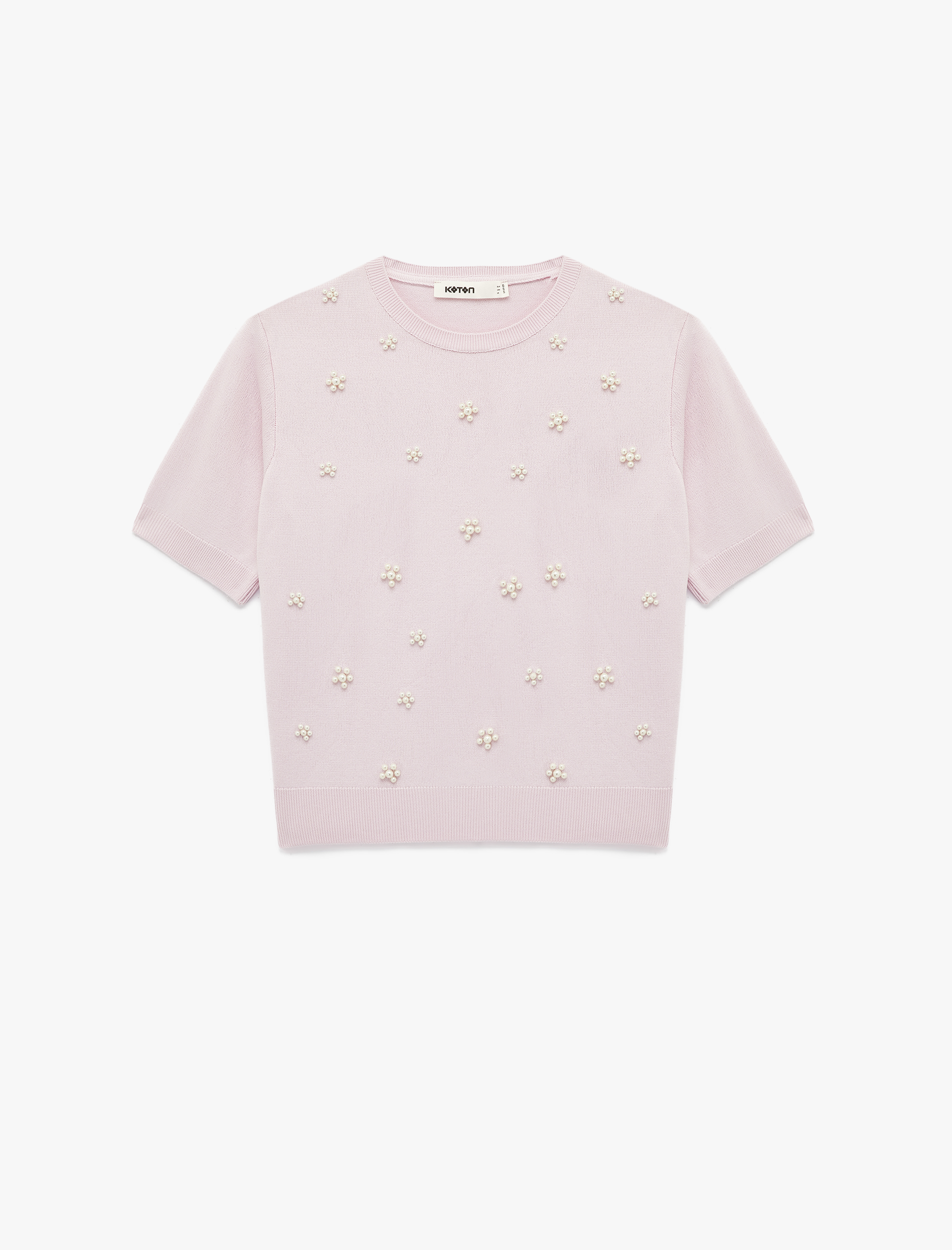   İnci Detaylı Çiçekli Kısa Kollu Bisiklet Yaka Triko Kazak