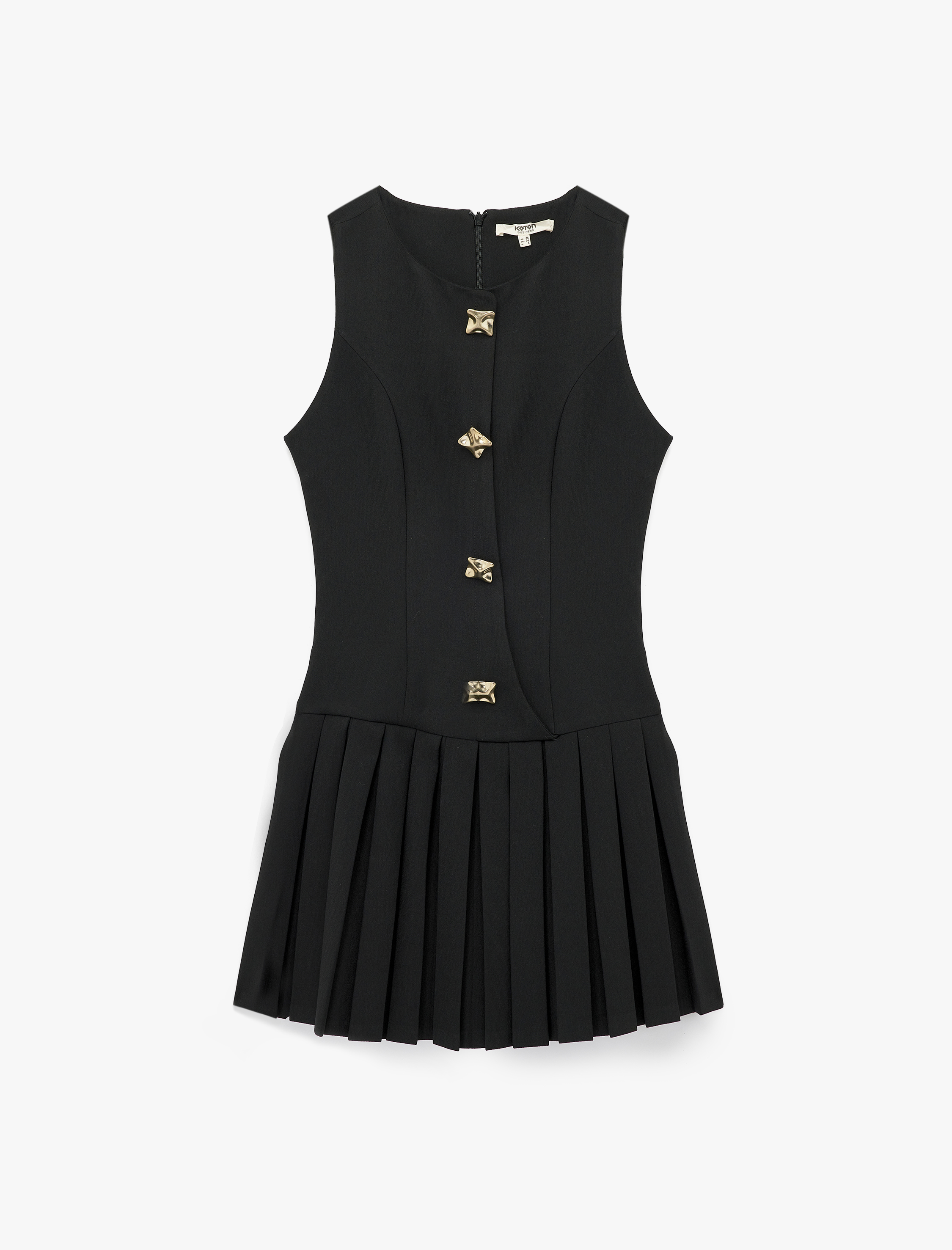   Metal Aksesuarlı V Yaka Kolsuz Krep Pileli Mini Elbise