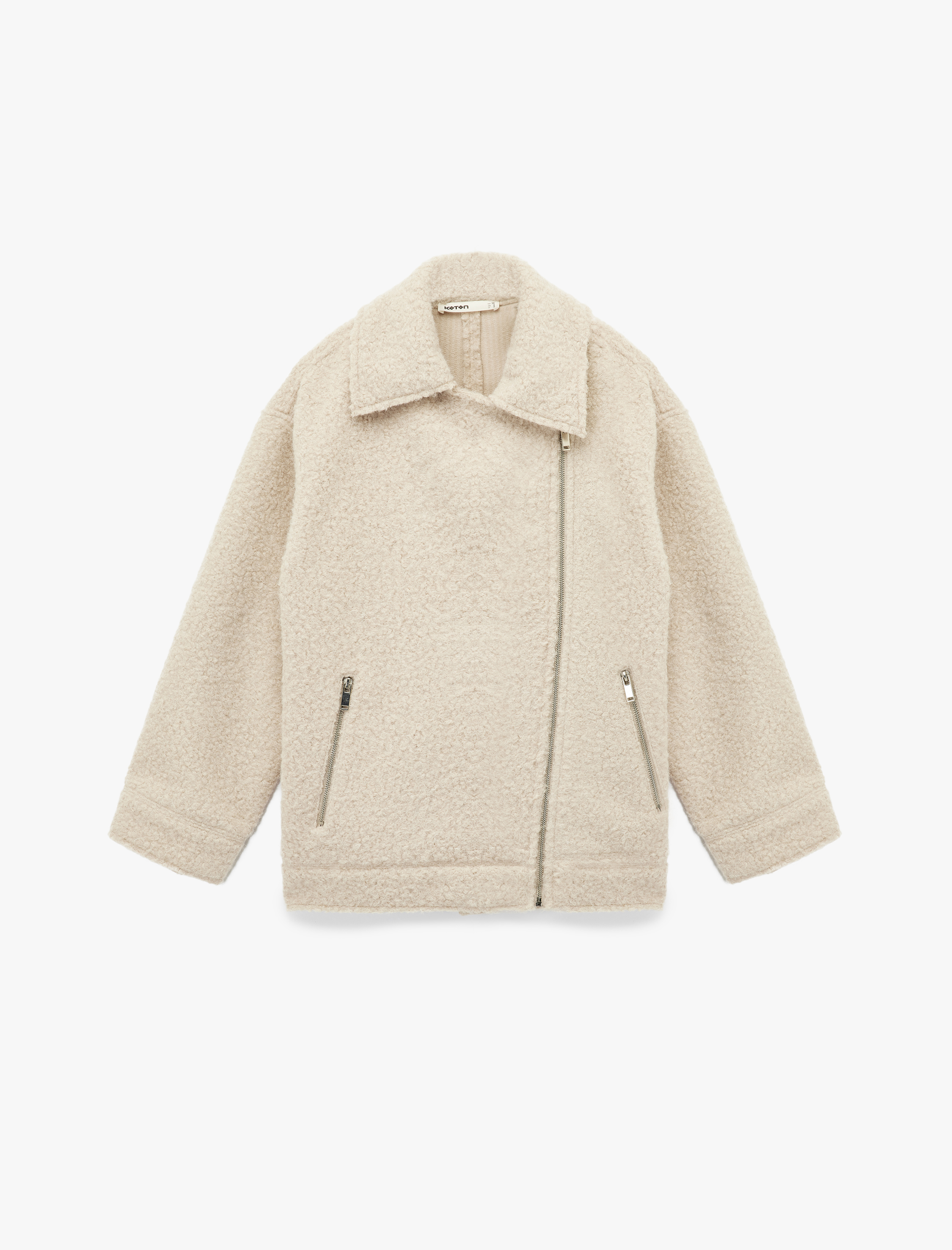   Uzun Kollu Cepli Fermuar Detaylı Kısa Buklet Kaban