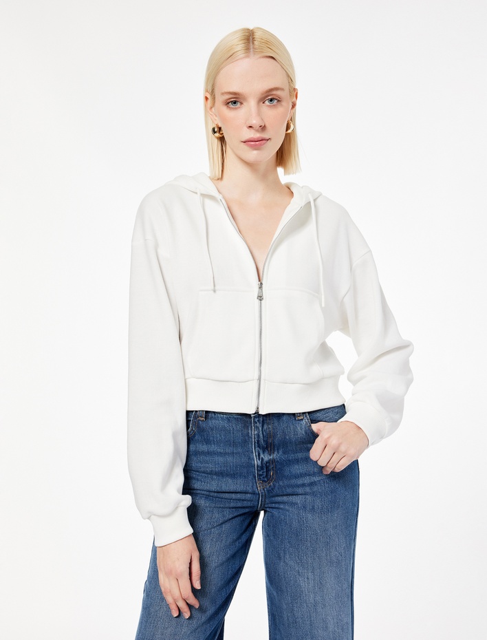  Pamuklu Slim Fit Cepli Uzun Kollu Fermuarlı Kapüşonlu Hırka