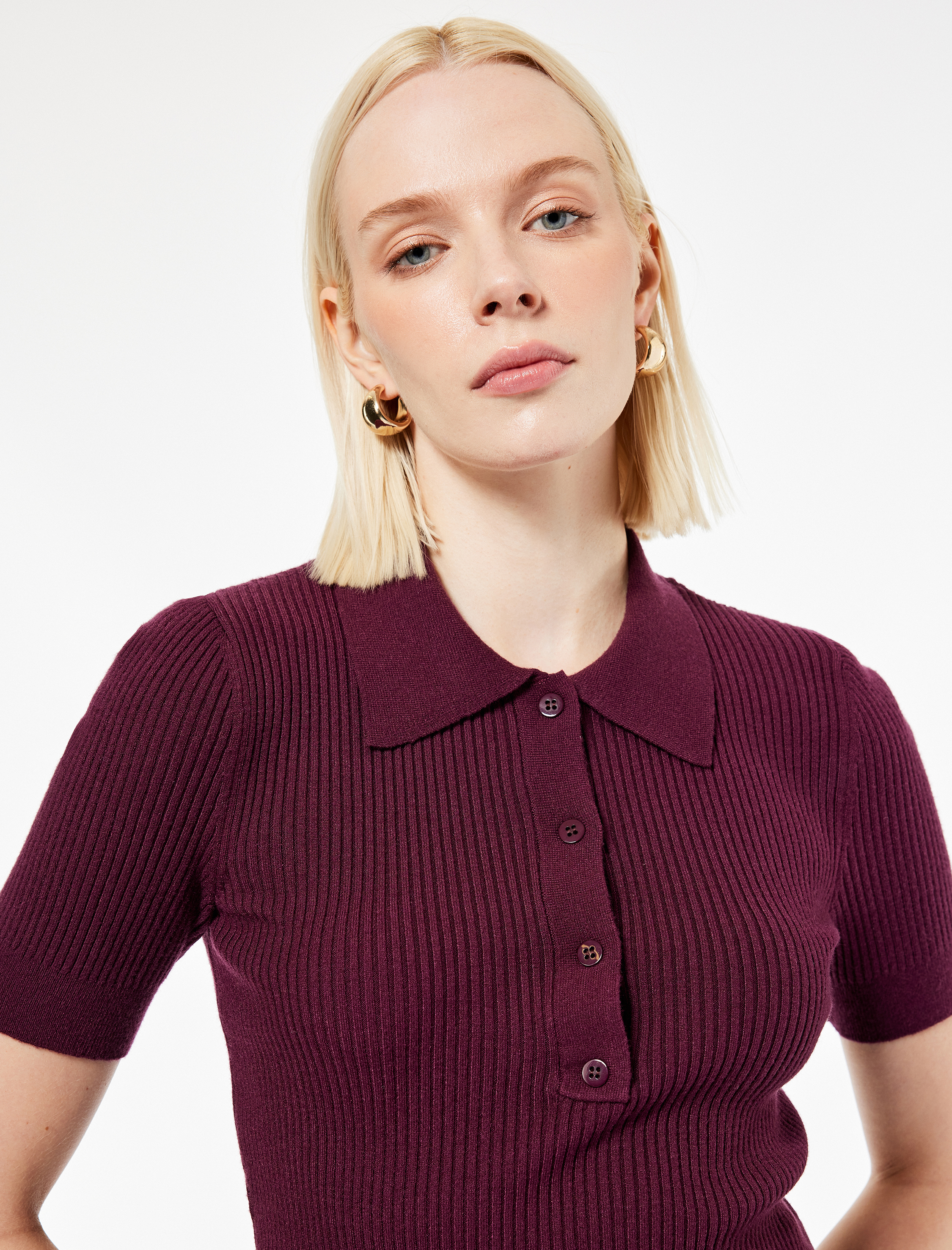   Yarım Düğmeli Kısa Kollu Polo Yaka Triko Kazak