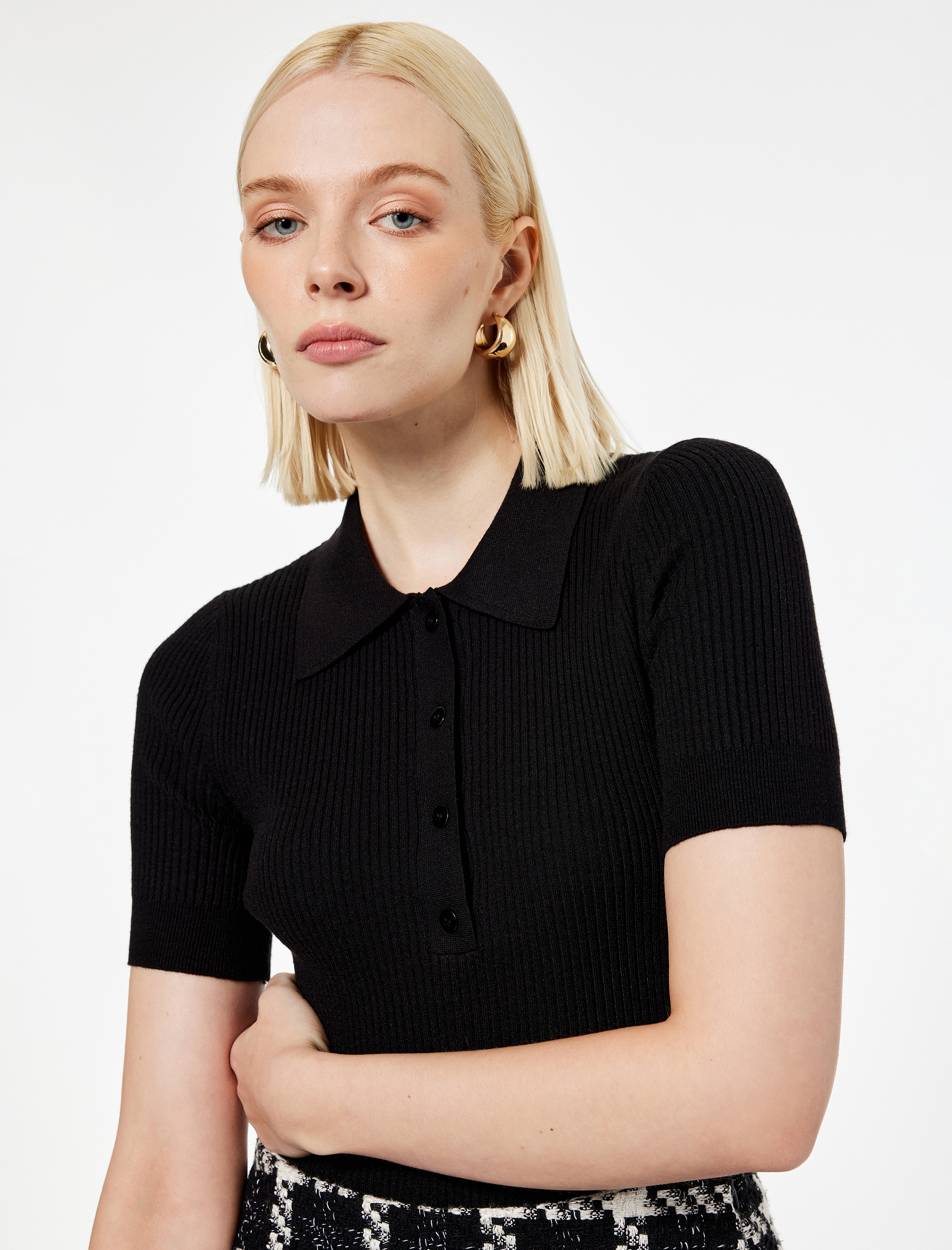   Yarım Düğmeli Kısa Kollu Polo Yaka Triko Kazak