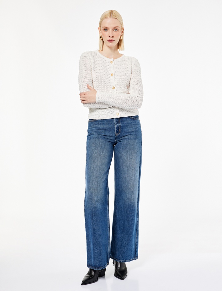  Uzun Kollu Bisiklet Yaka Düğmeli Triko Hırka