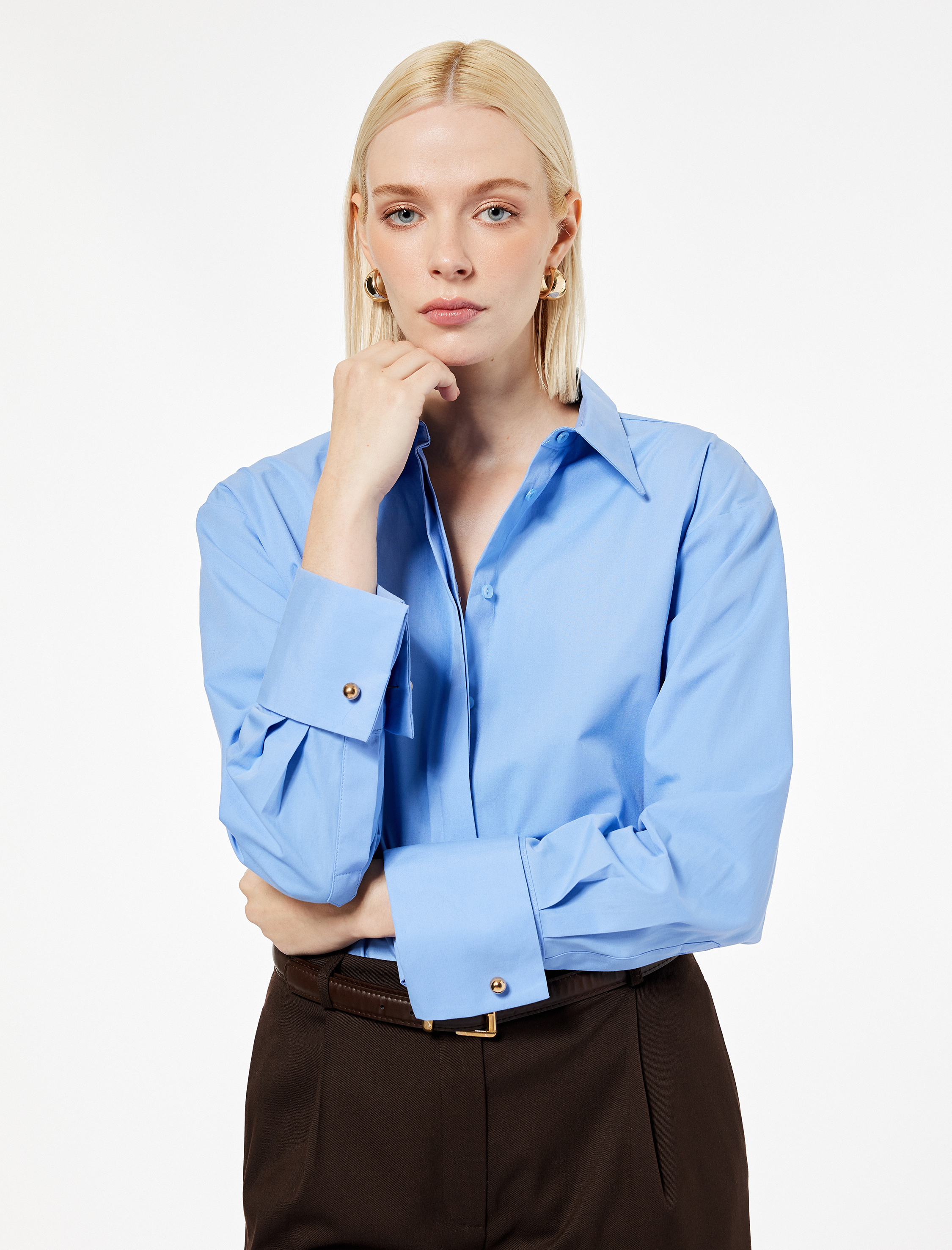   Pamuklu Kol Düğmesi Detaylı Uzun Kollu Oversize Gömlek